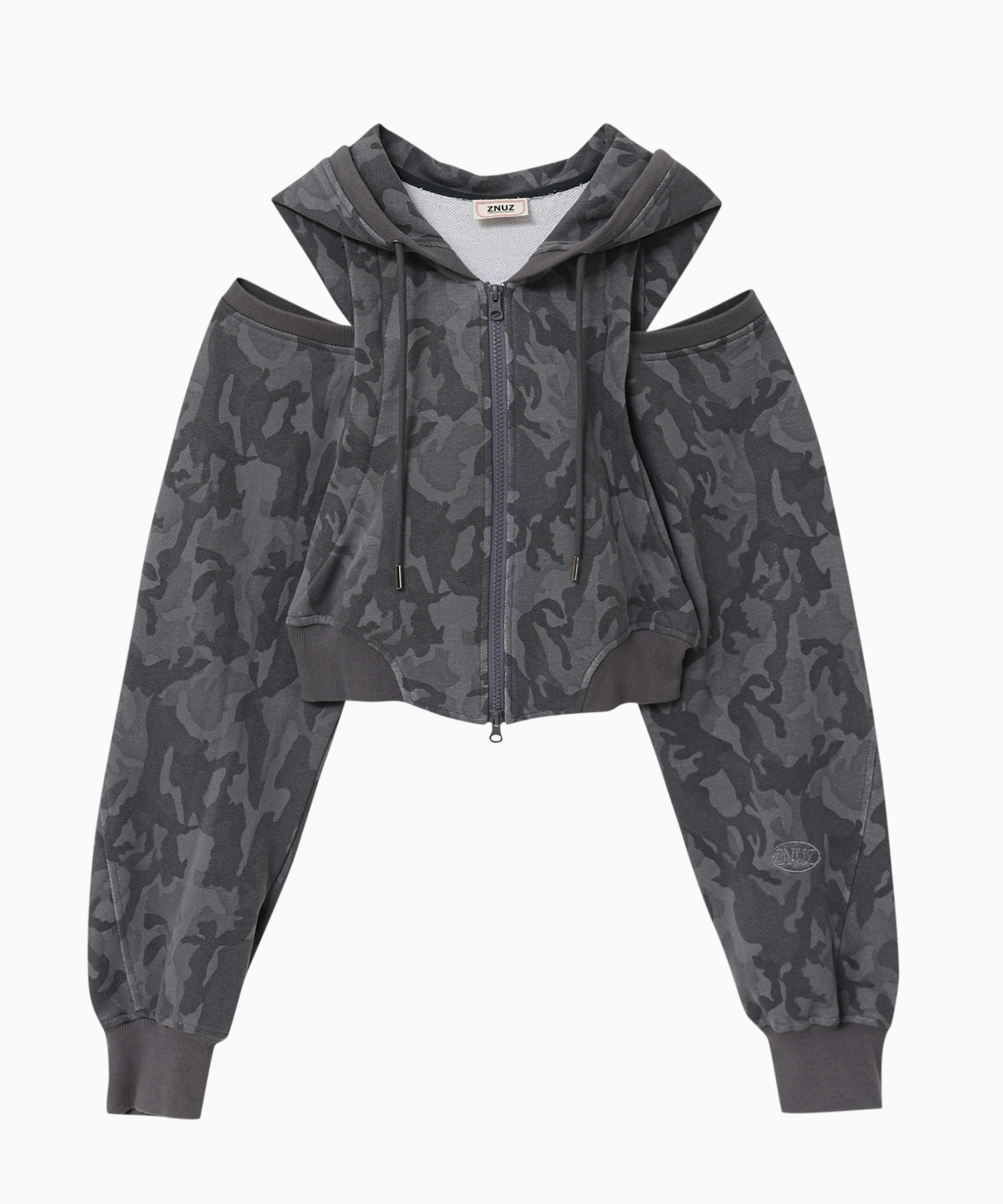 [W] ZNUZ CUT OUT OFF-SHOULER SET-UP CAMO HOODIE - ASH серый