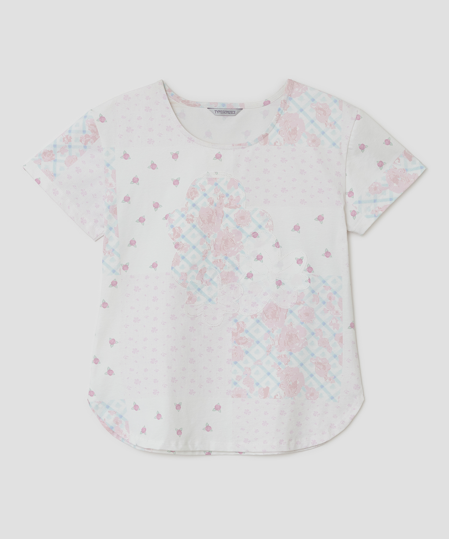 Flower Applique Curve короткий Sleeve Top [розовый]