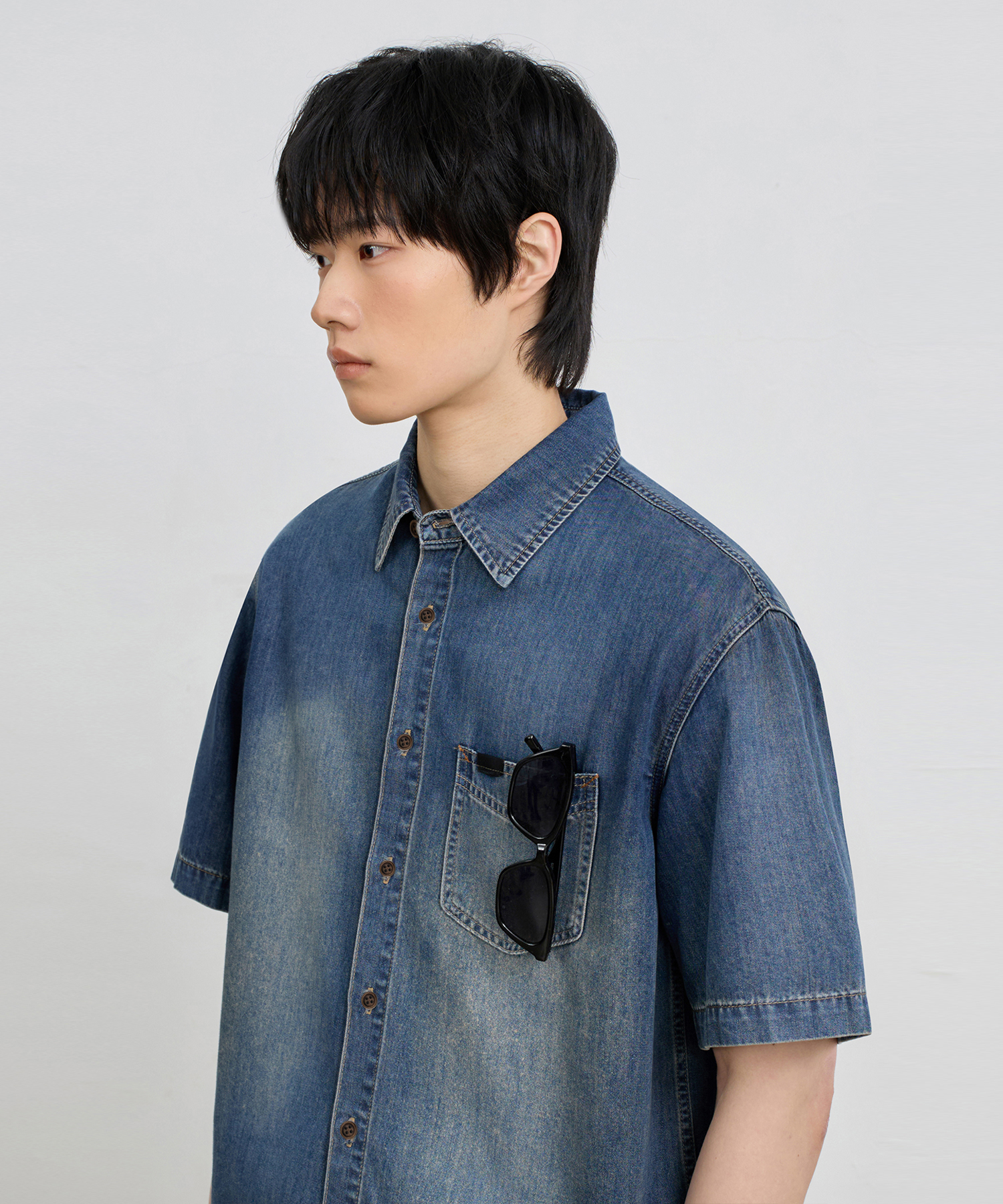 BIO WASHING CROP DENIM короткий SLEEVE SHIRT_2 COLOR