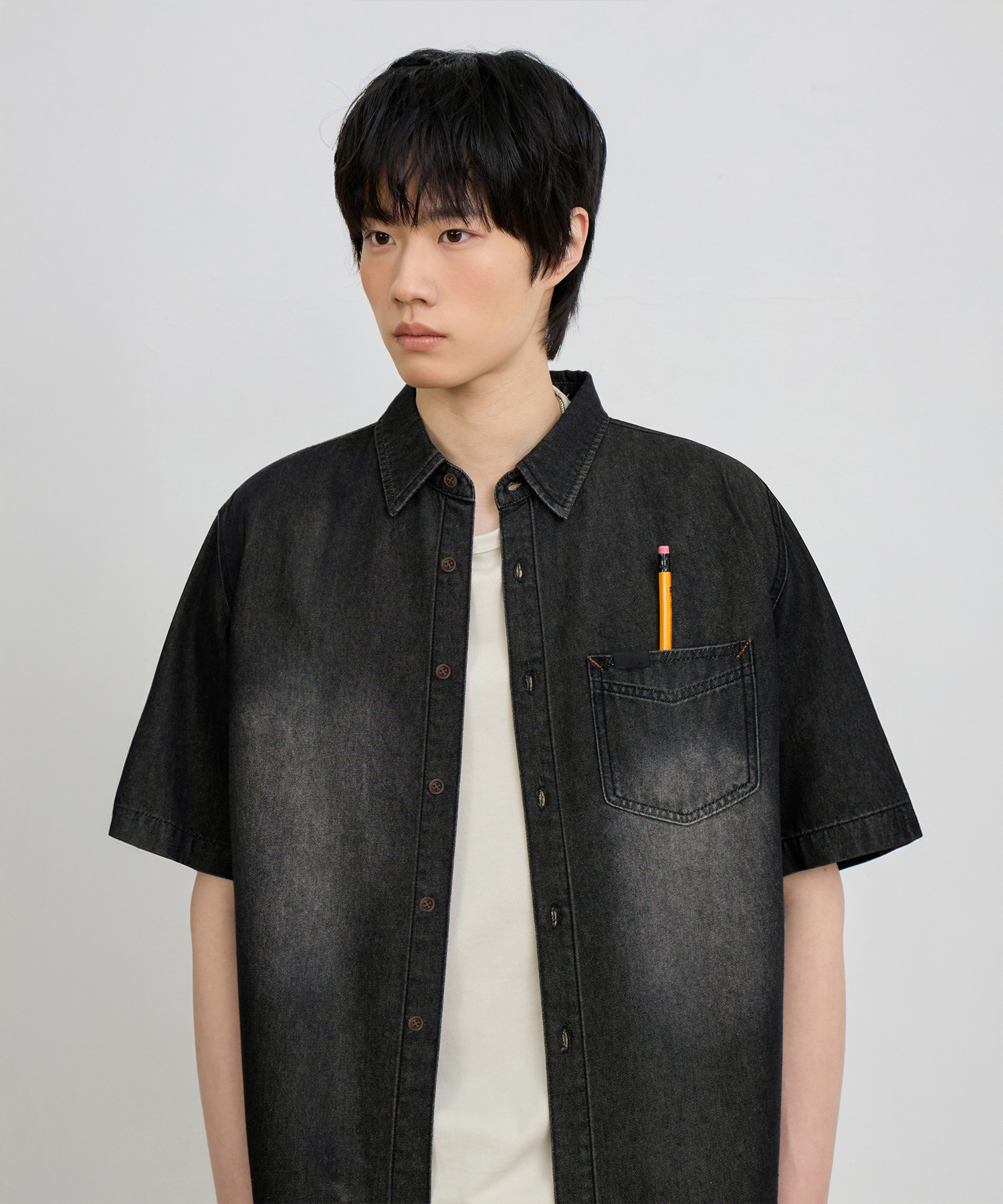BIO WASHING CROP DENIM короткий SLEEVE SHIRT_2 COLOR