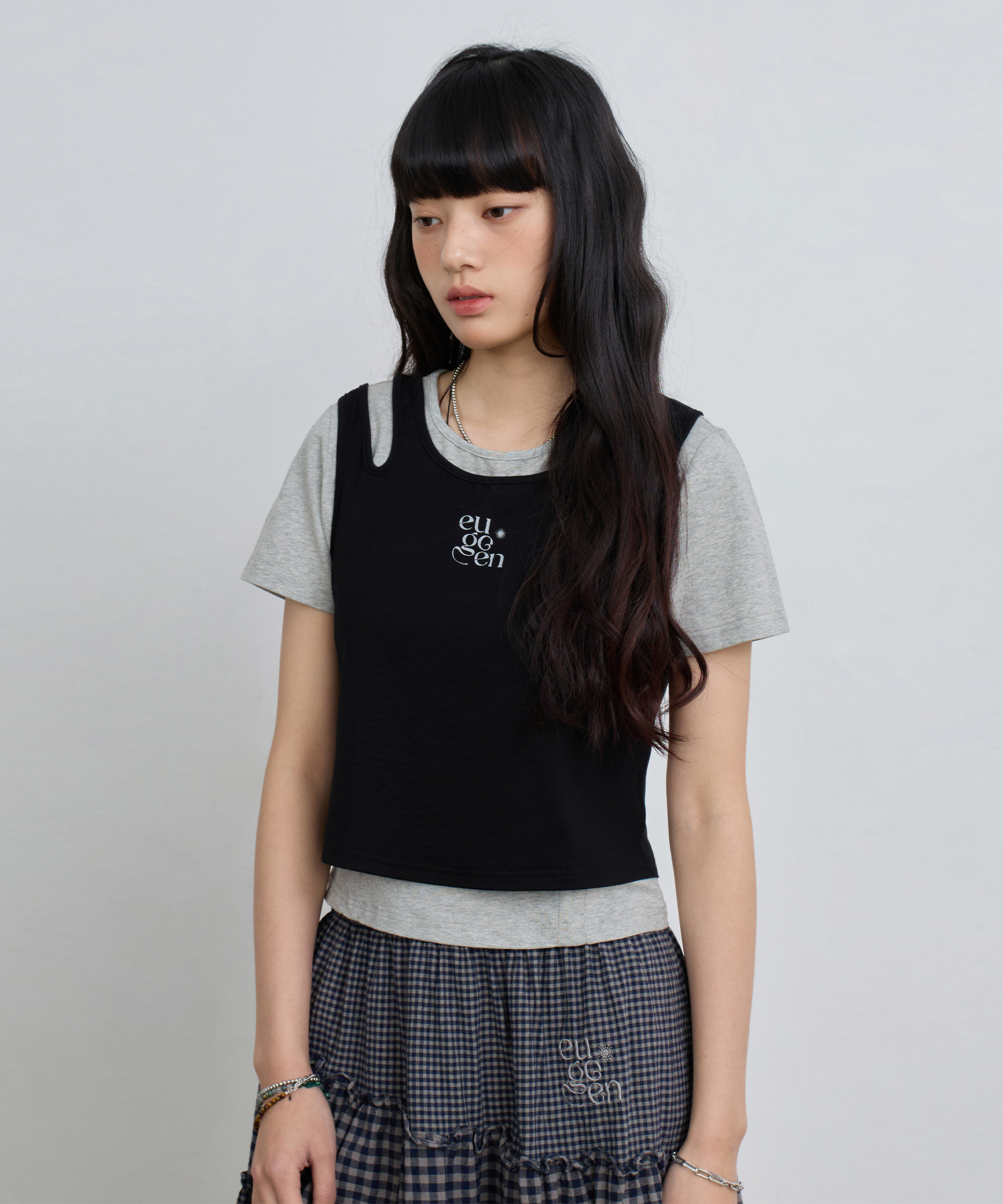 JERSEY TOP LAYERING короткий SLEEVE T-SHIRT_MELANGE&черный