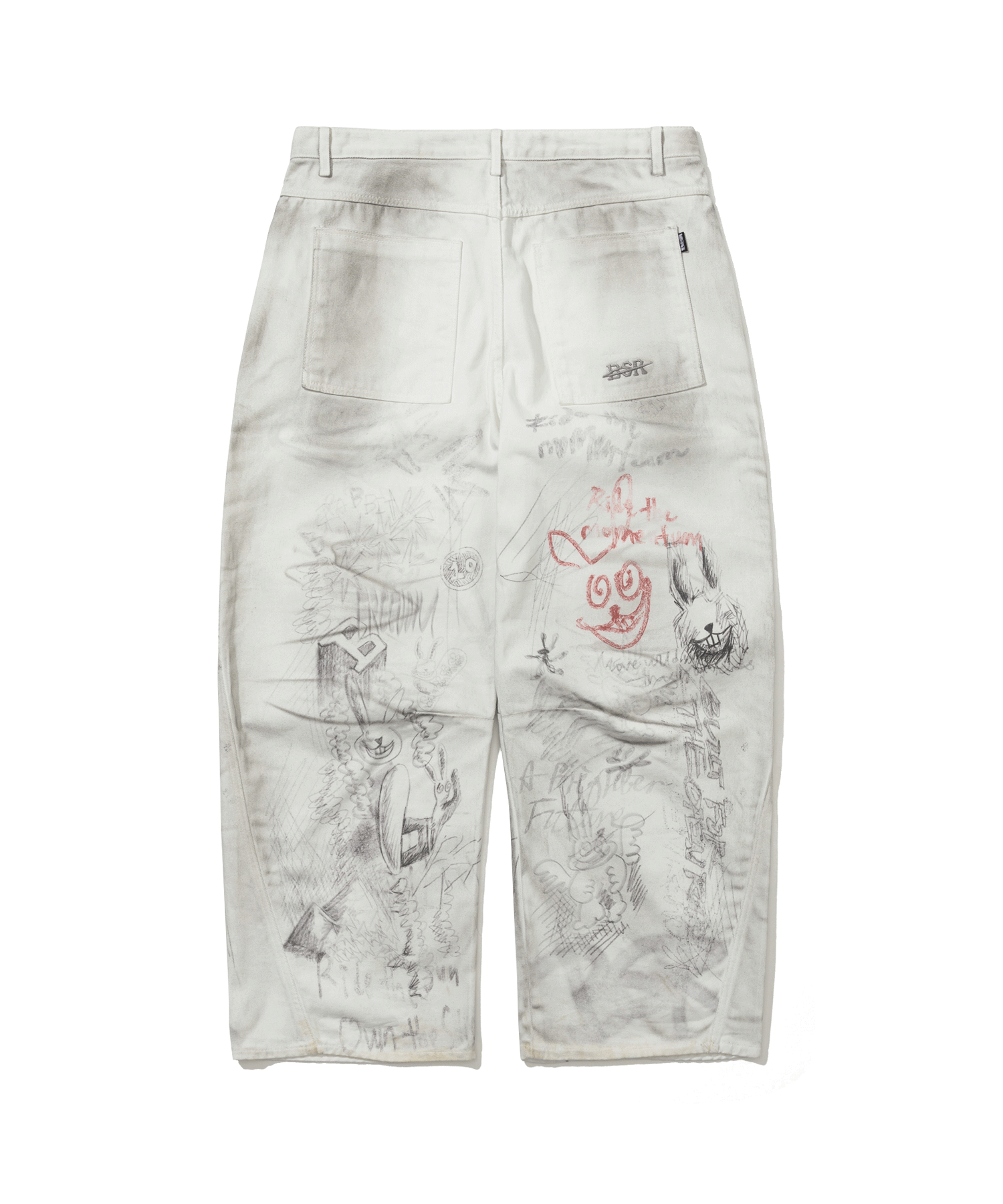 Rabbit Graffiti Barrel-Leg Vintage-Washed Denim Pants White
