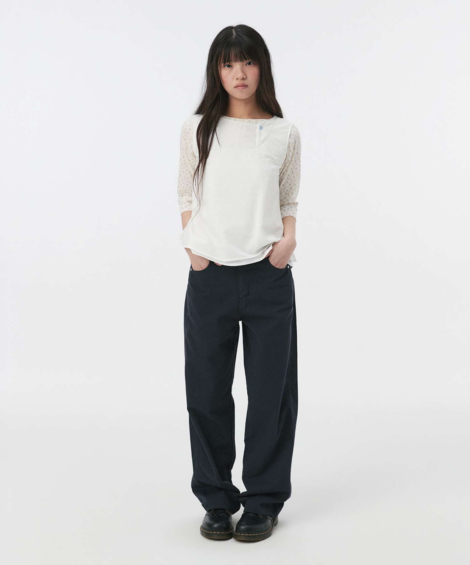 STRAIGHT COLOR COTTON PANTS, NAVY