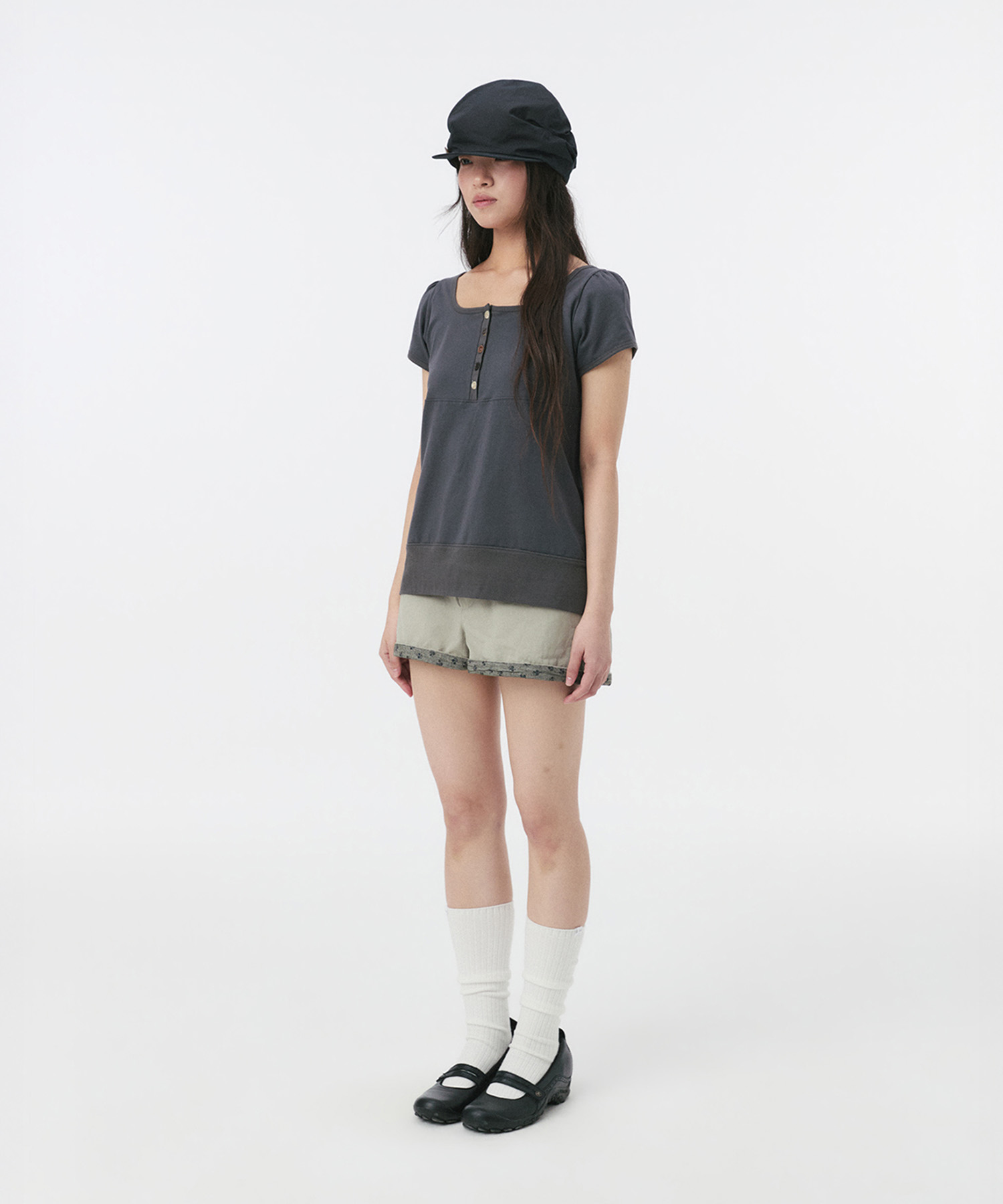 SQUARE NECK JERSEY BLOUSE, CHARCOAL