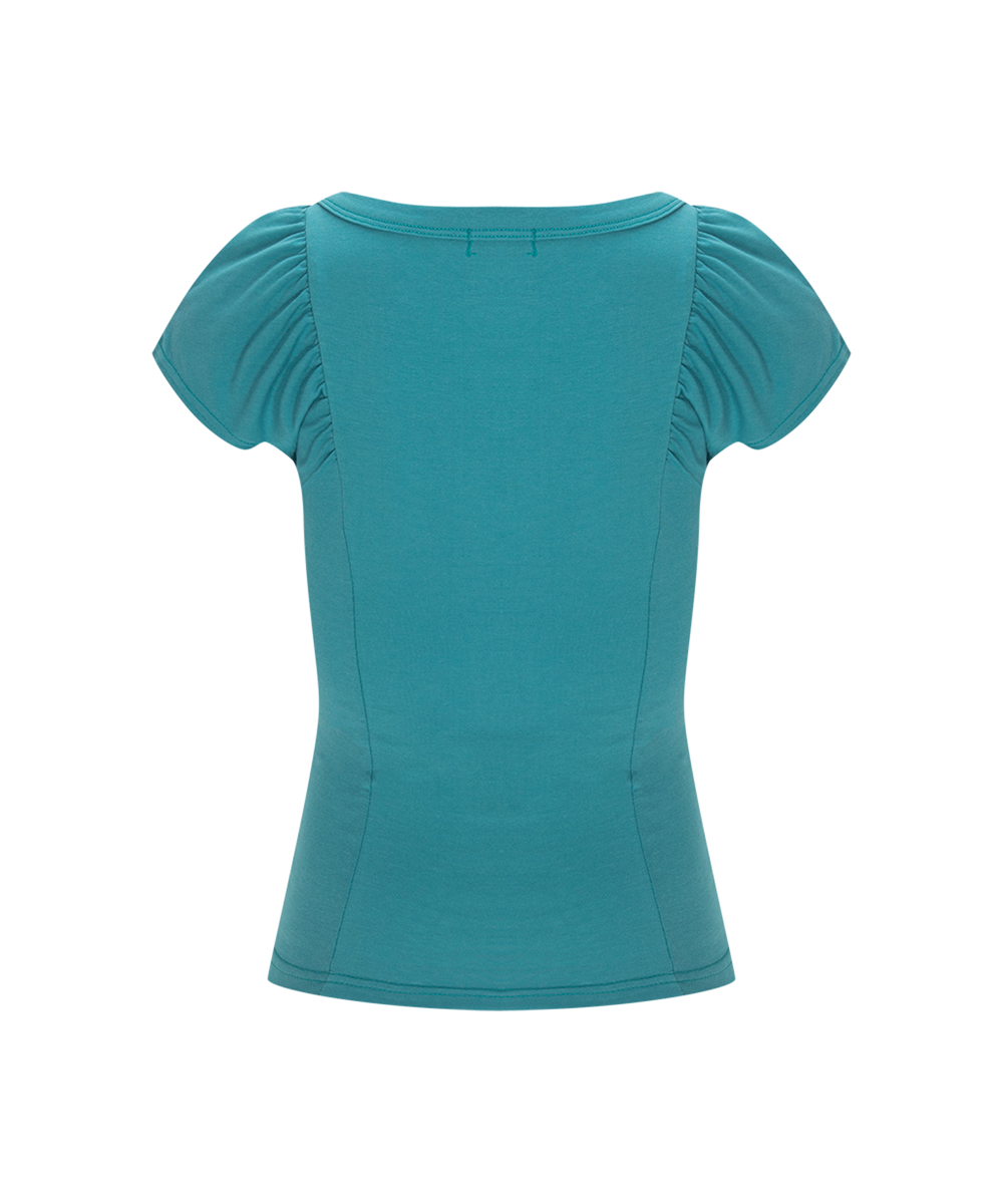 Sia Button Shirring Short Sleeve Top (Turquoise)