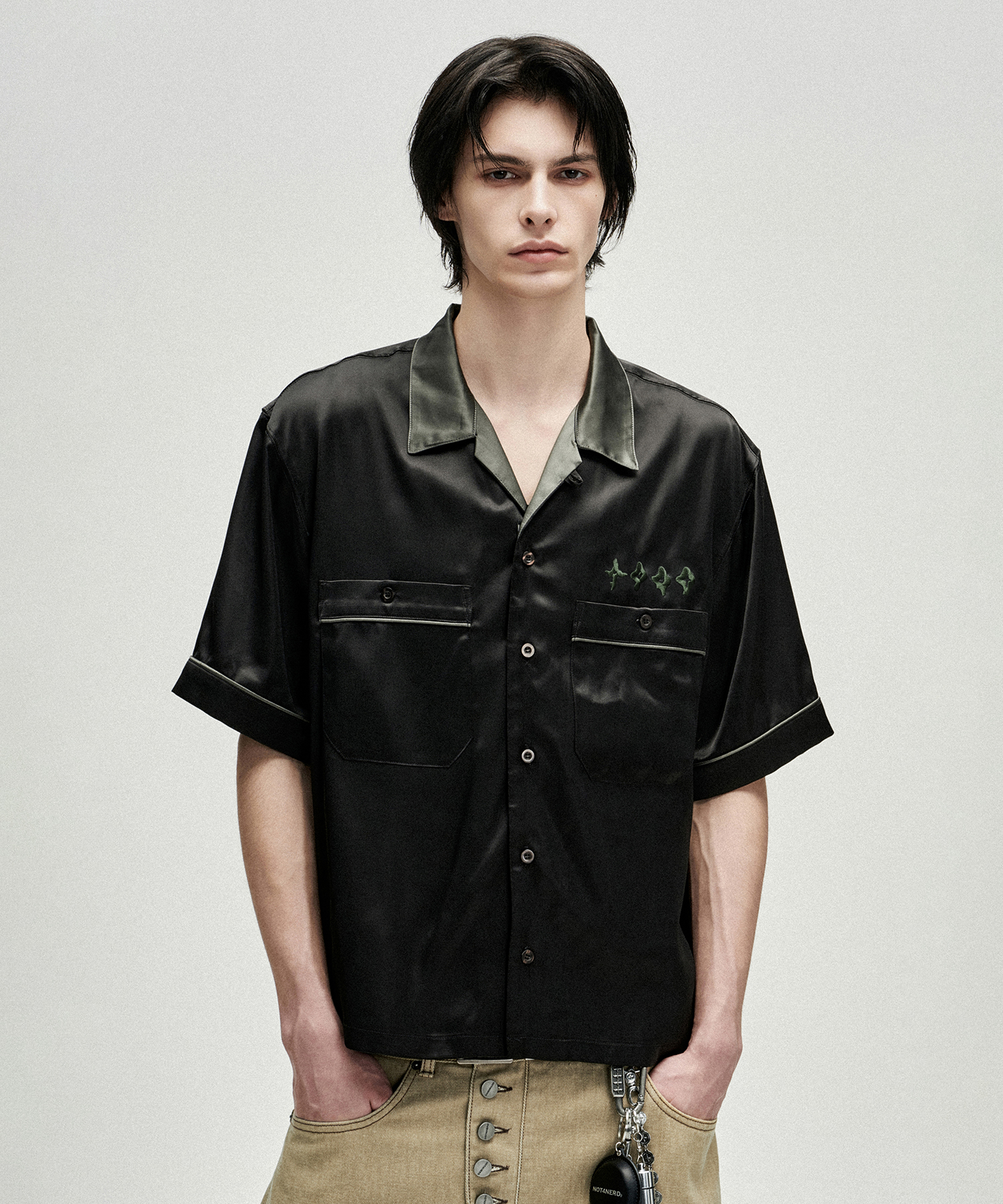 Chain Stitch Half Bowling Shirt - Black