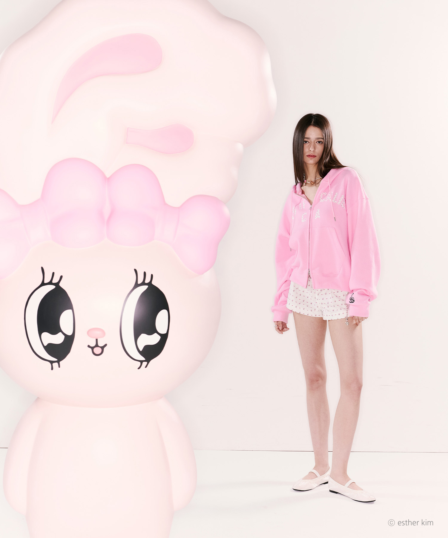 ESTHER BUNNY X AS IF CALIE BUNNY PATTERN APPLIQUE HOOD ZIP UP PINK