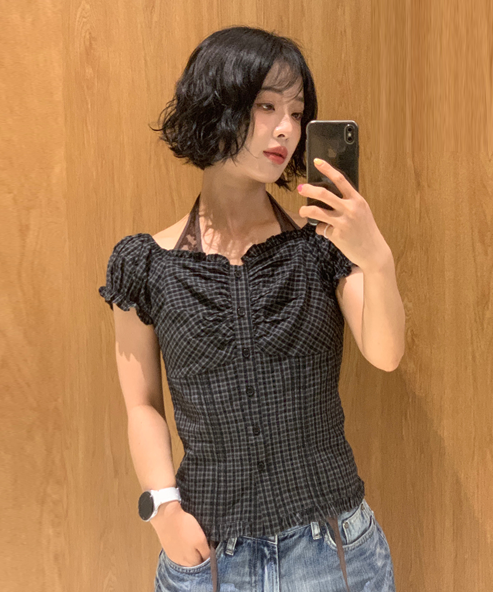 woman cap sleeve shirring puff blouse [black]