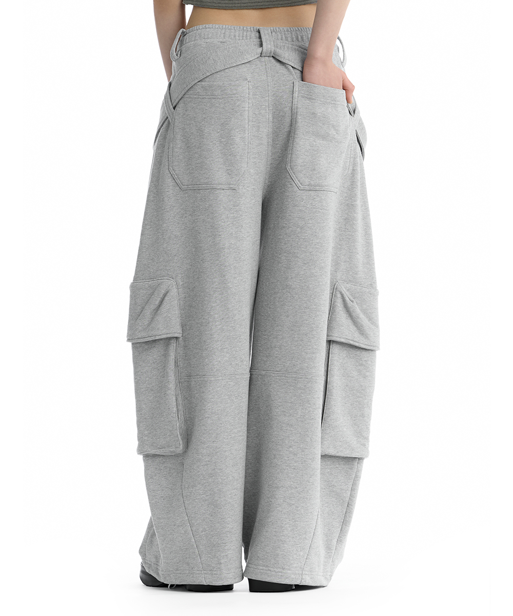 Utility Belted Cargo Sweat Pants [ Melange Gray ]