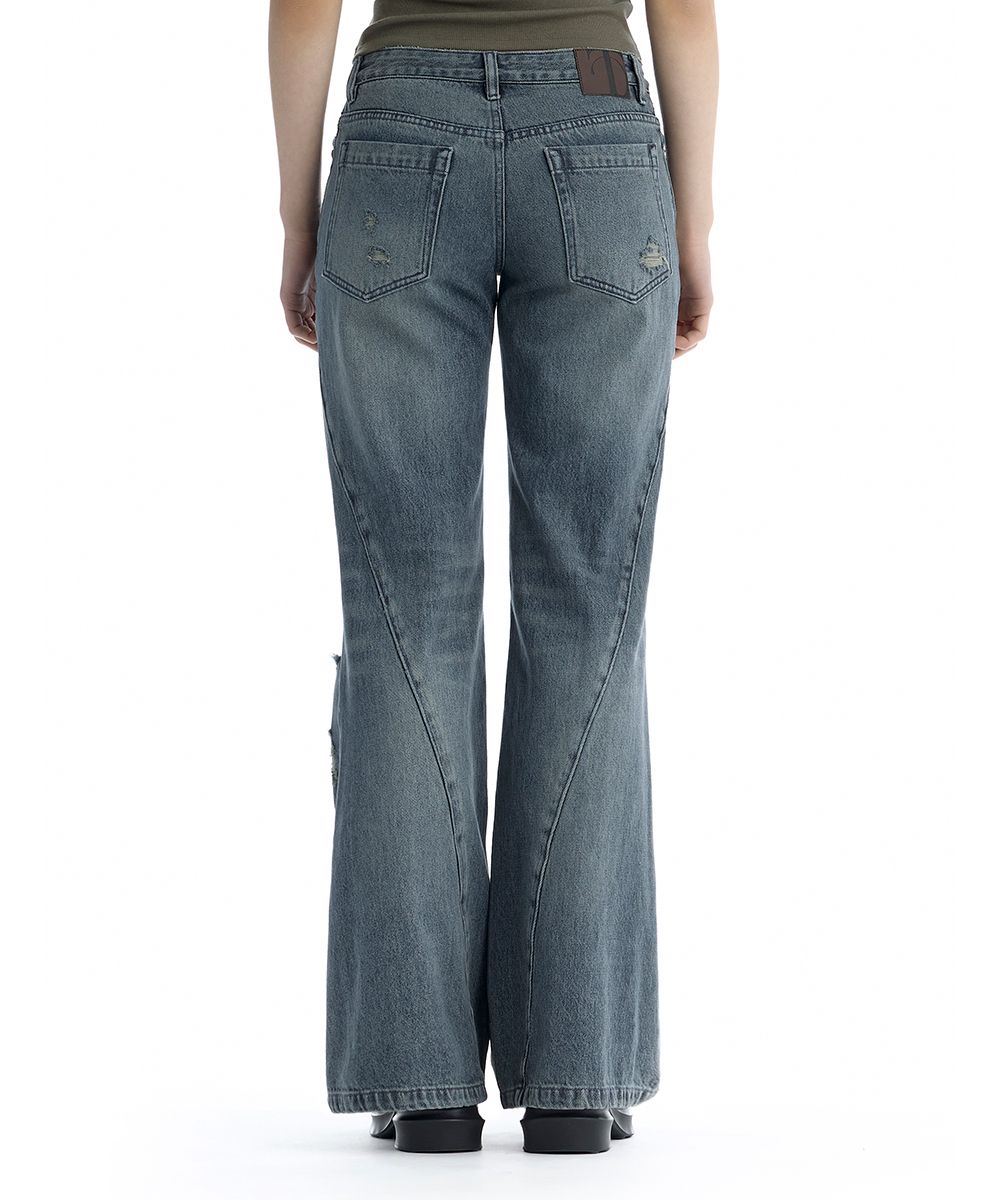 Distressed Bootcut Denim Pants [ Blue ]