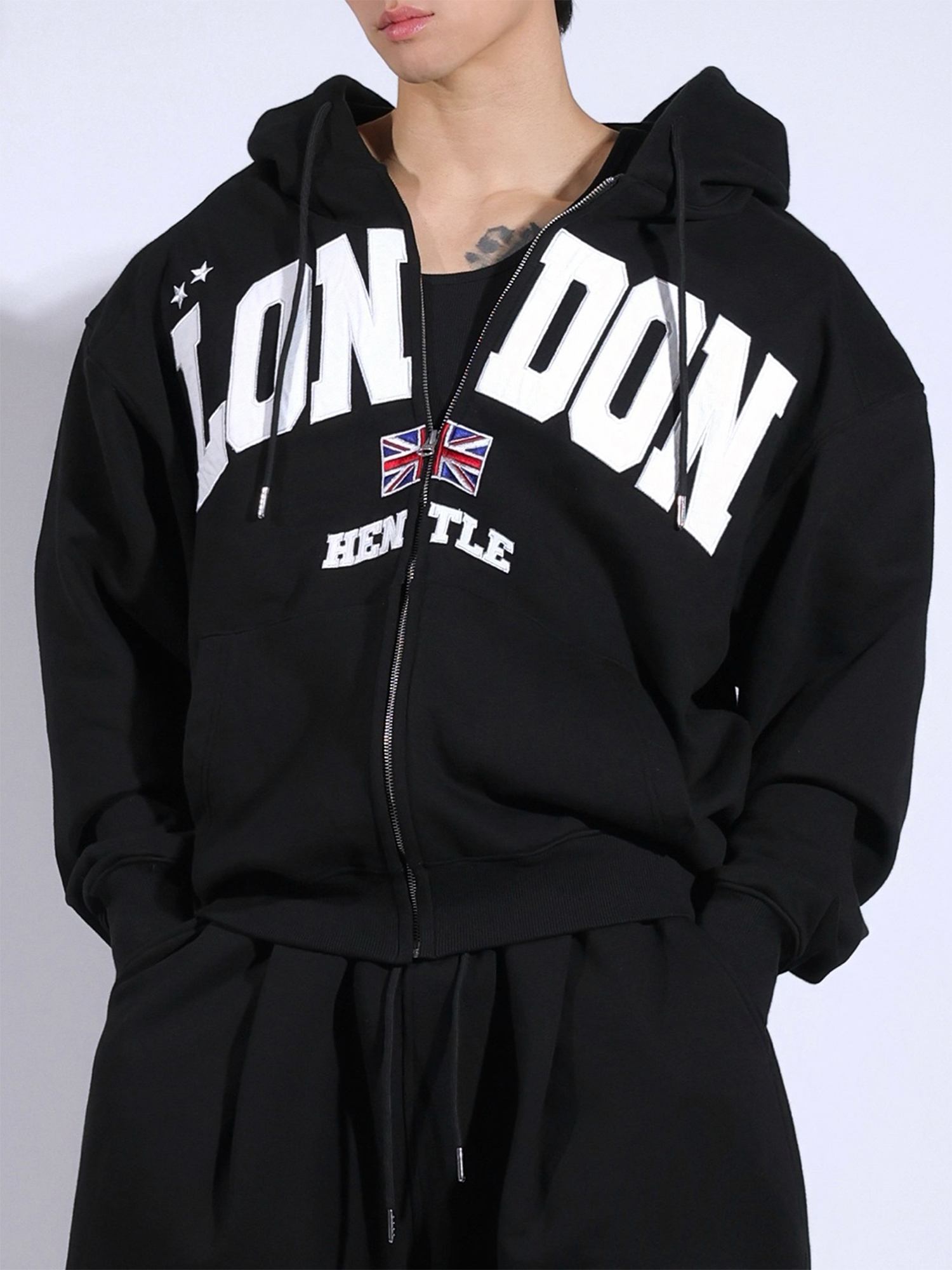 STRUCTURED SHOULDER LONDON HOODIE ZIP-UP JACKET(BLACK)