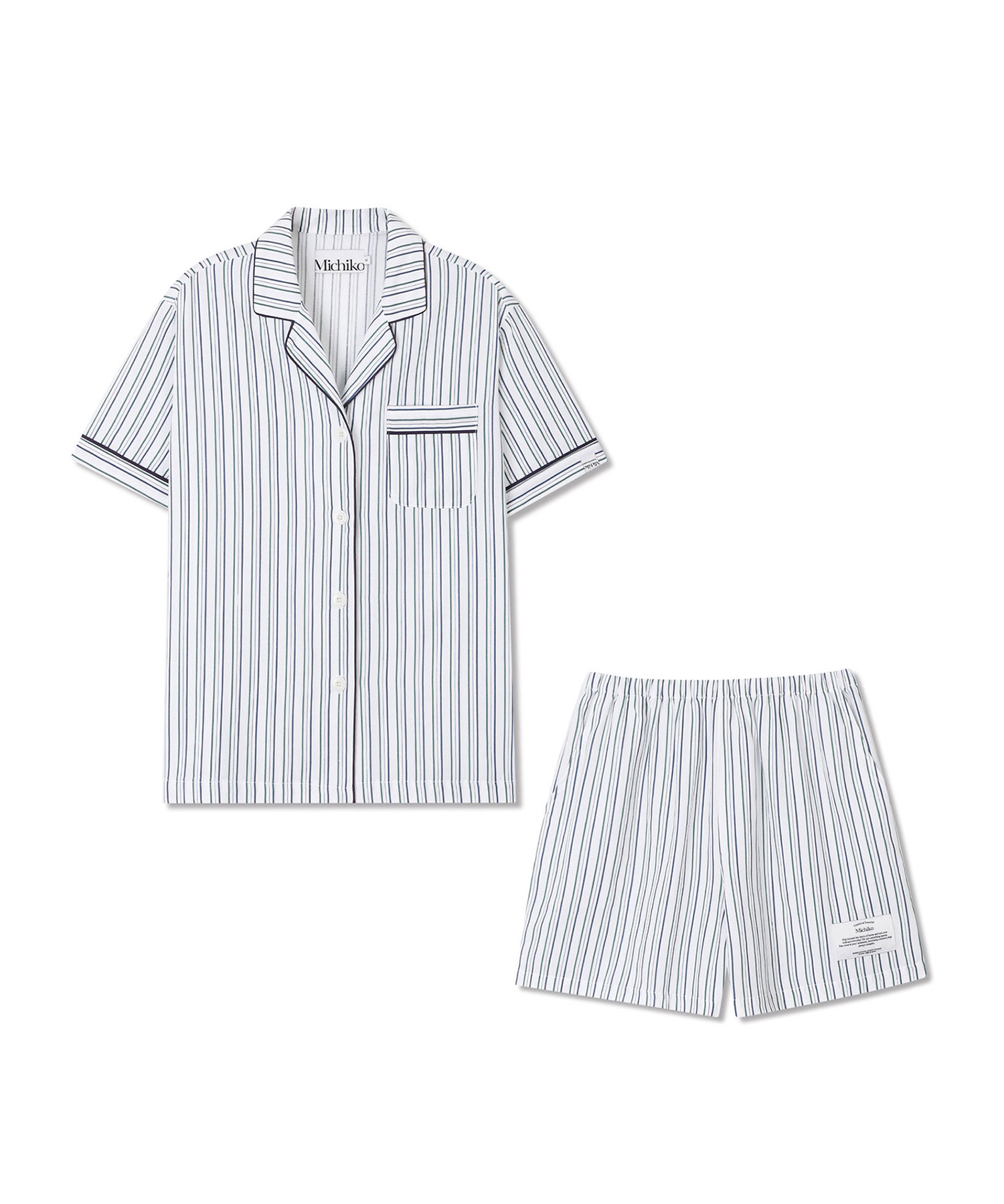 (Uni) полоса короткий Pajama Set тёмно-синий зелёный ST