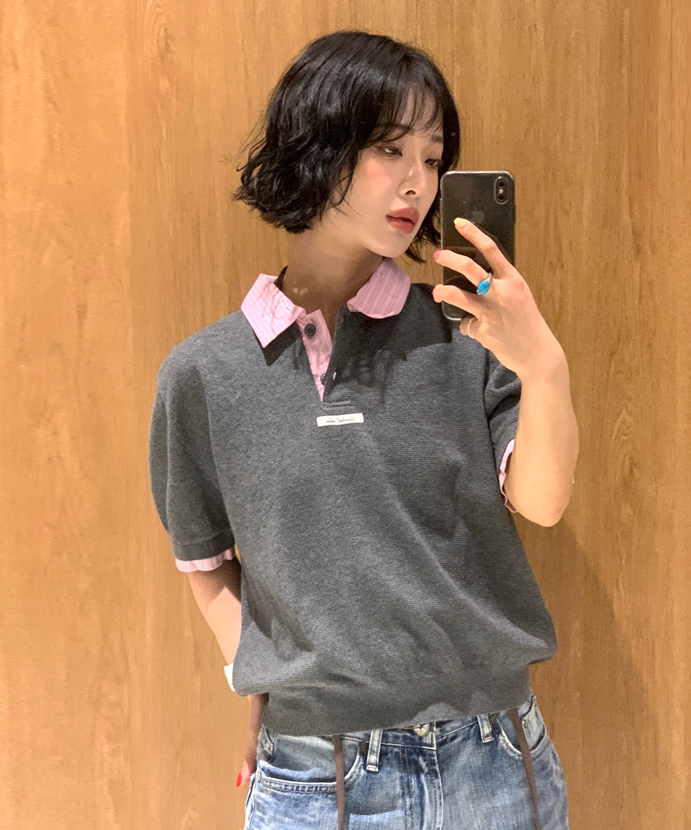 woman рубашка collar pique half knit [уголь]