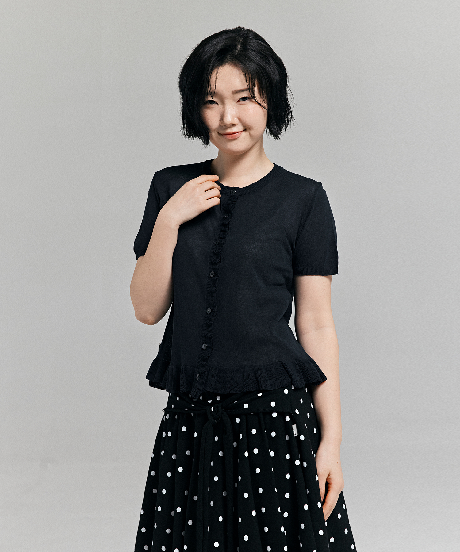FRILL DETAIL HALF-SLEEVE KNIT CARDIGAN тёмно-синий