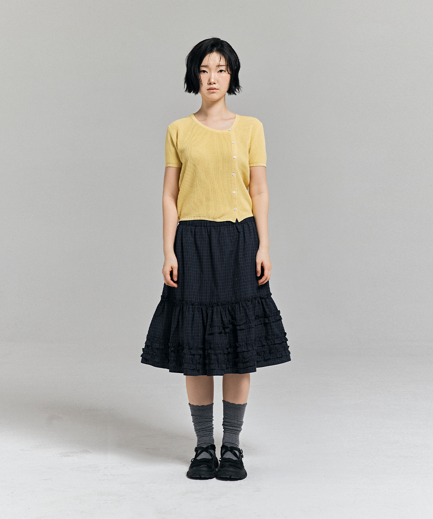 UNBALANCE HALF SLEEVE KNIT CARDIGAN L/YELLOW