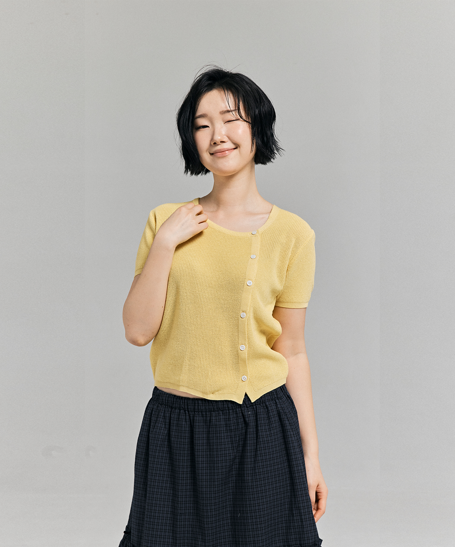UNBALANCE HALF SLEEVE KNIT CARDIGAN L/YELLOW