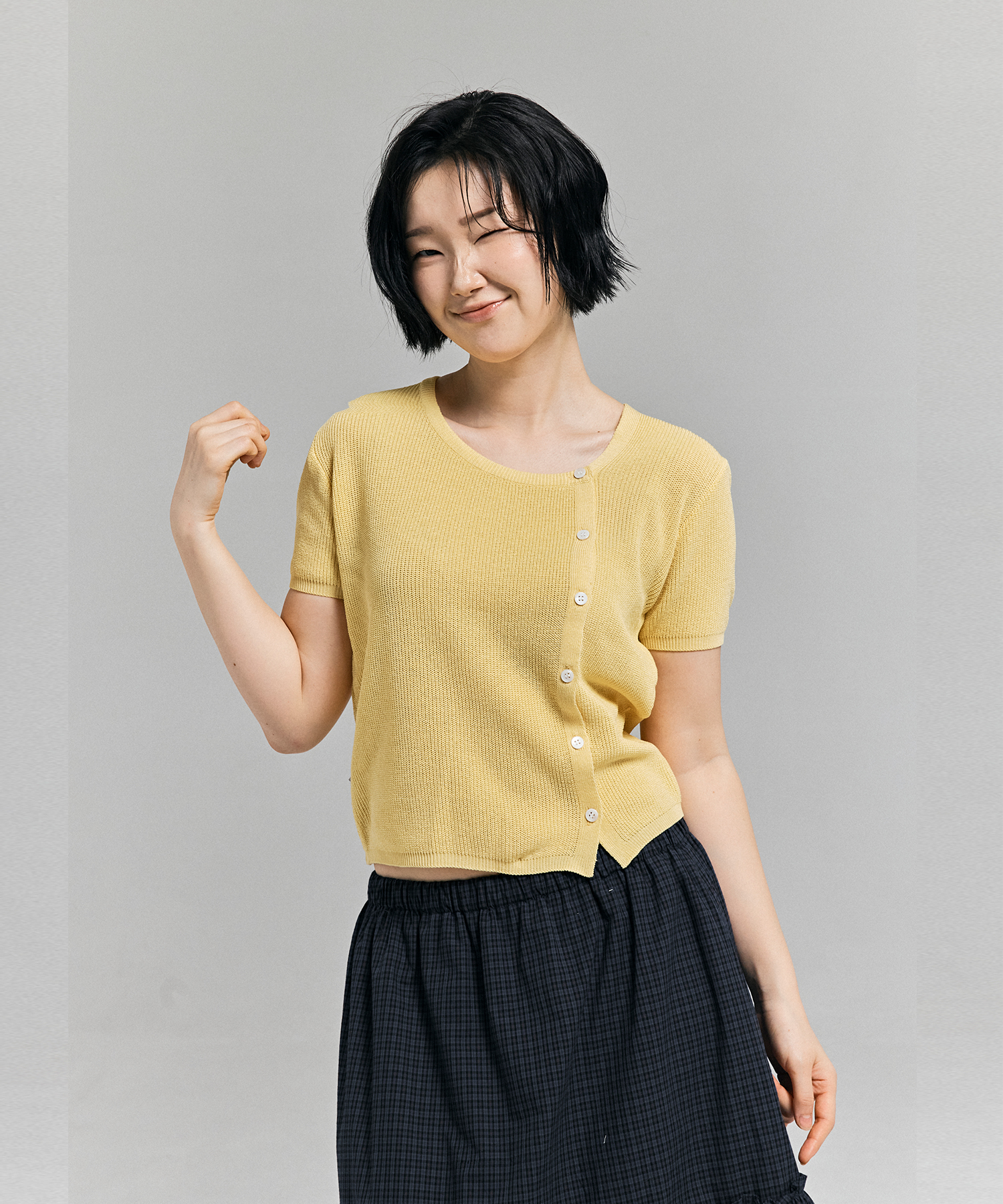 UNBALANCE HALF SLEEVE KNIT CARDIGAN L/YELLOW