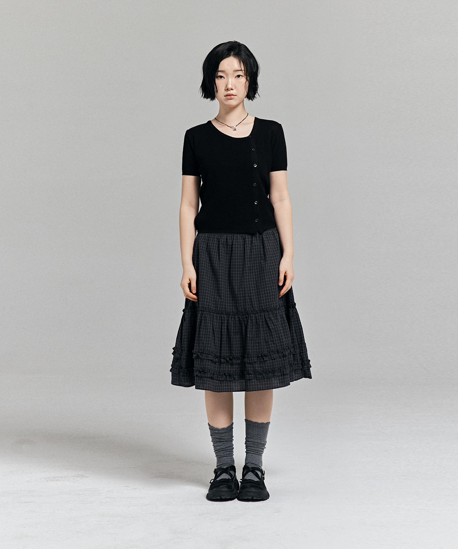UNBALANCE HALF SLEEVE KNIT CARDIGAN BLACK