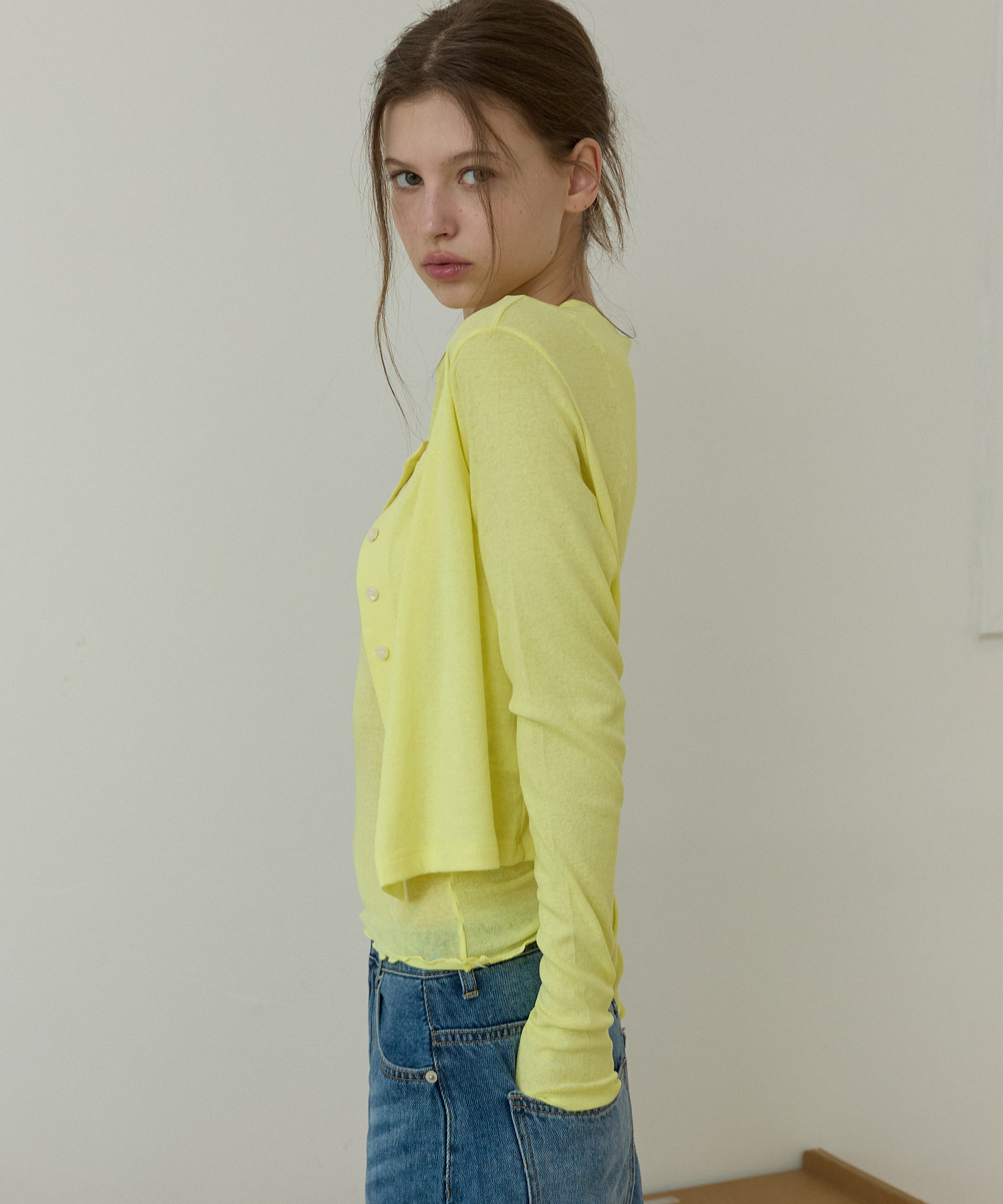 Frill sleeve crop cardigan solid Yellow