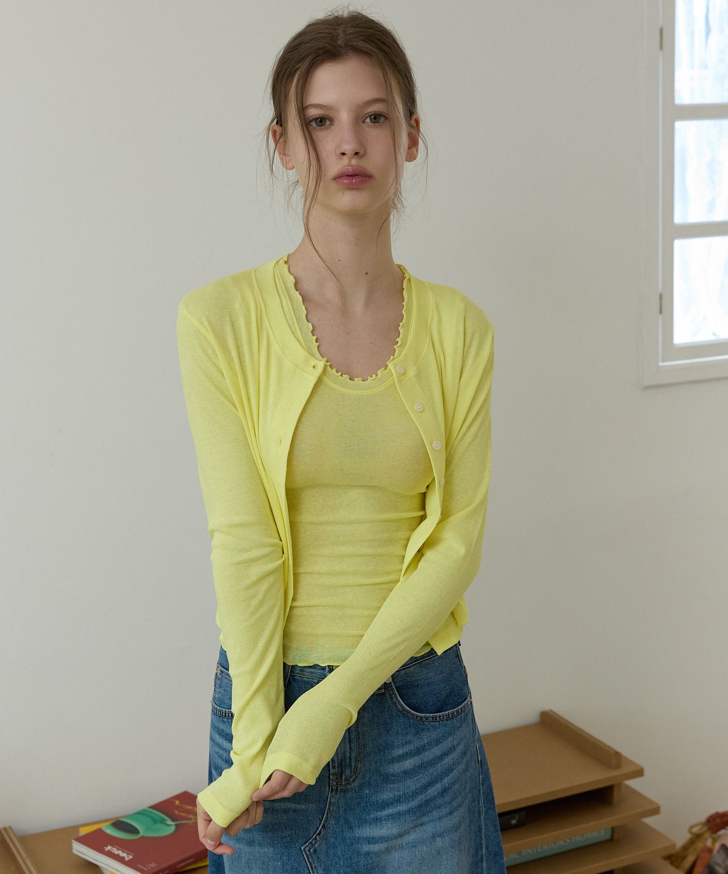 Frill sleeve crop cardigan solid Yellow