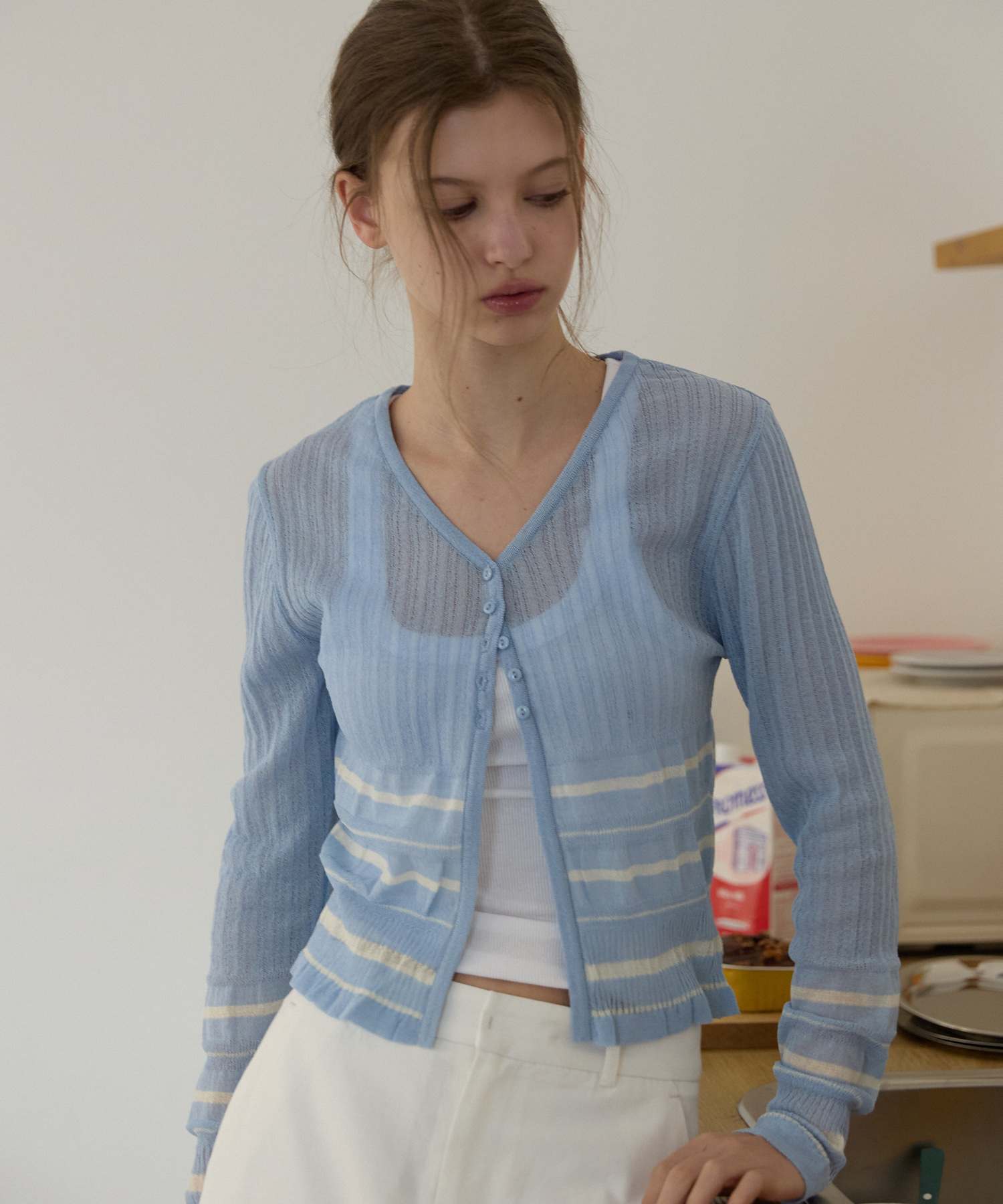 Texture slim cardigan Blue