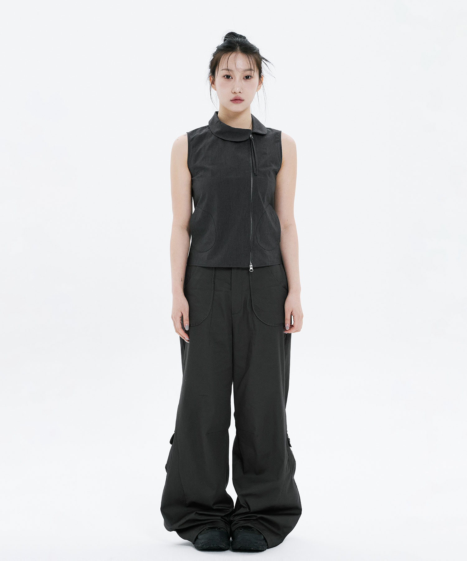 Side shirring pocket wide pants GREY