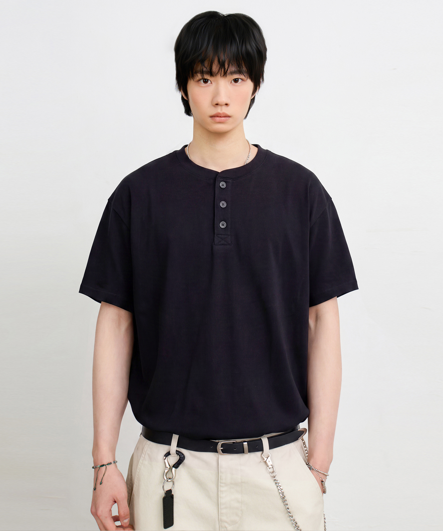 © EVERYONES SINGLE STITCH SHORT SLEEVE T-SHIRT (COOLMAX® FABRIC)_HENLEY NECK 5 COLOR