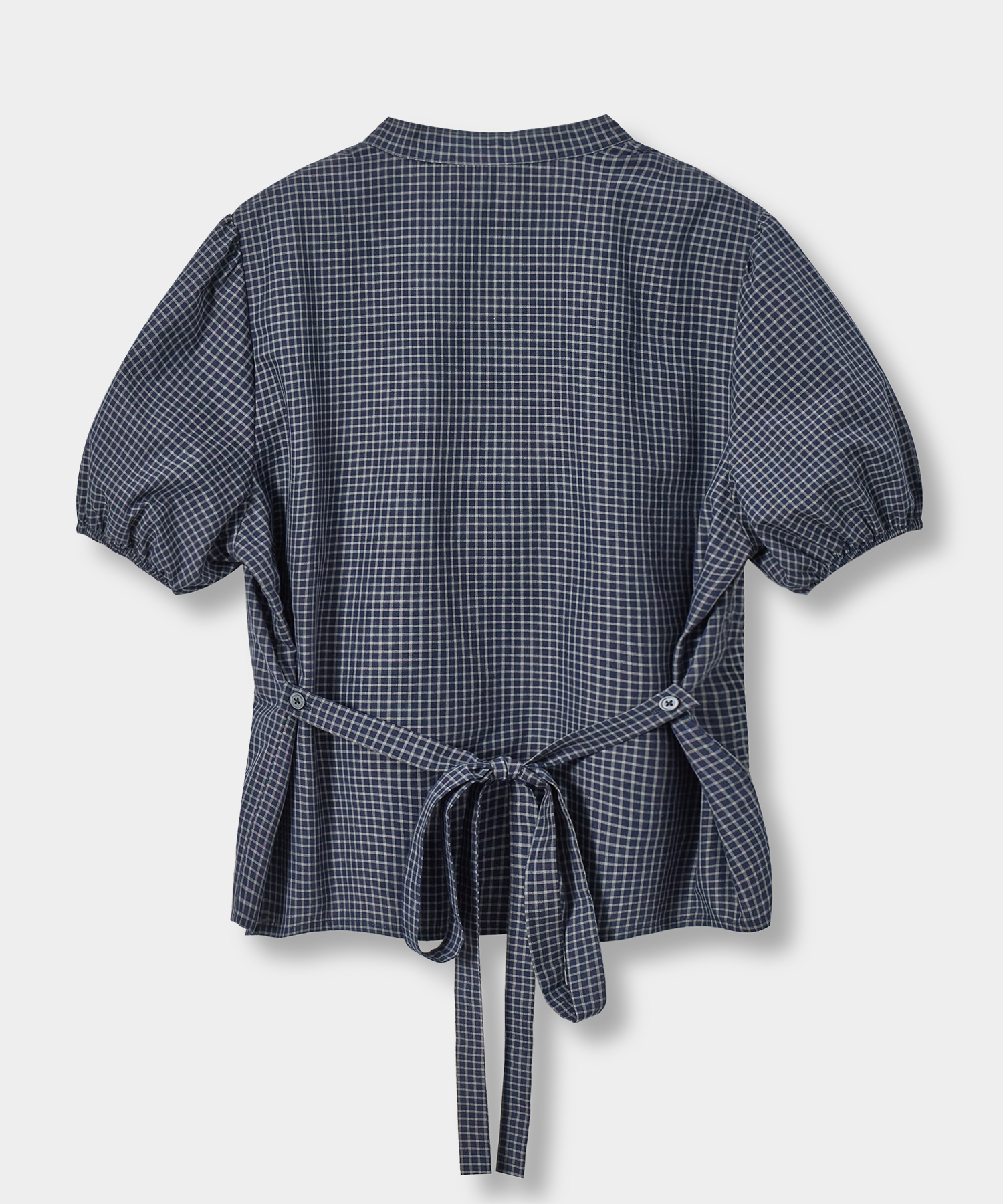 SOFT TIE BUTTON BLOUSE_CHECK NAVY