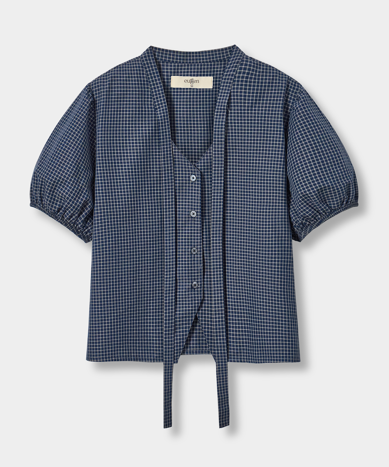 SOFT TIE BUTTON BLOUSE_CHECK NAVY