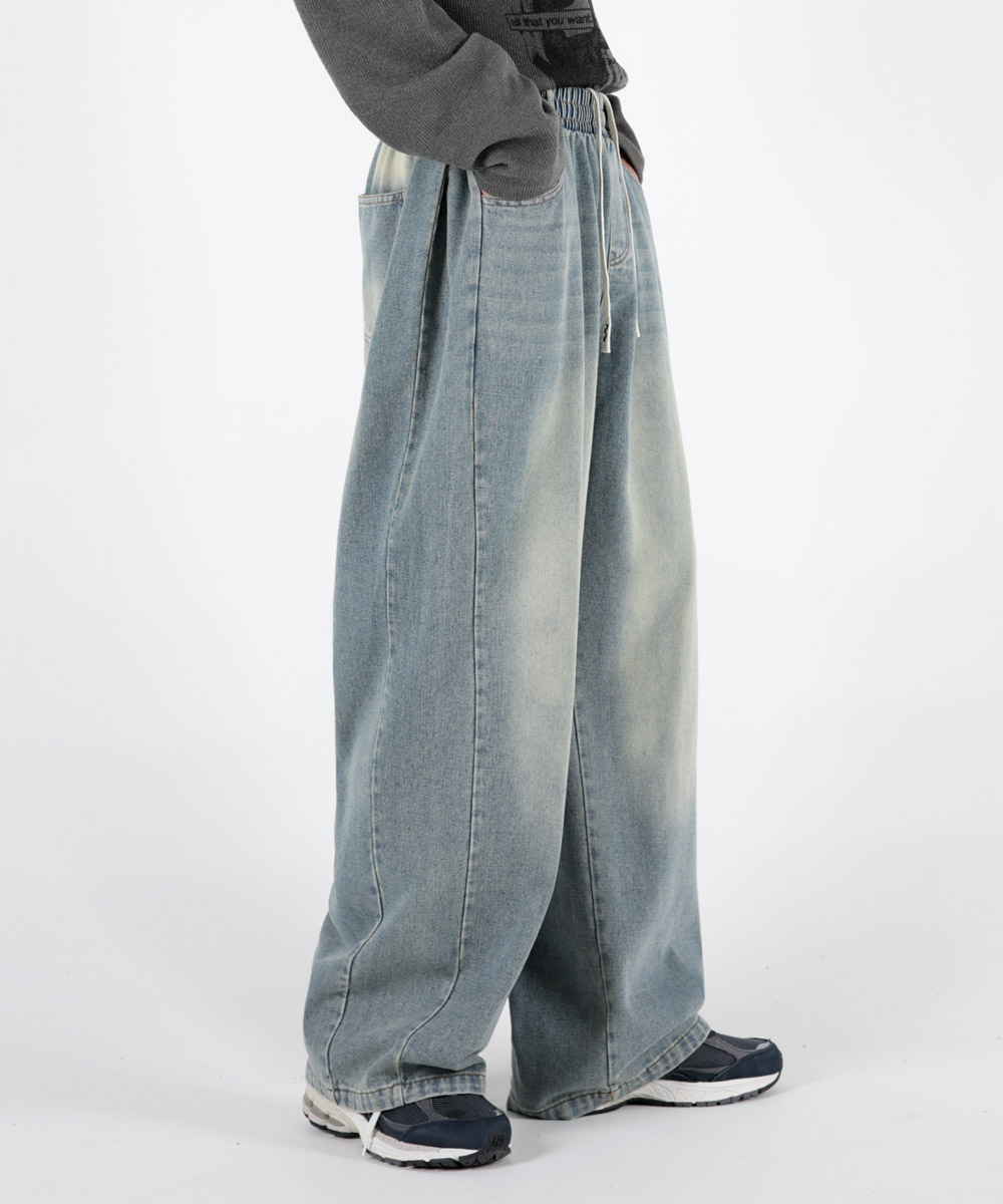 Men side pintuck wide waist band denim pants 3colors
