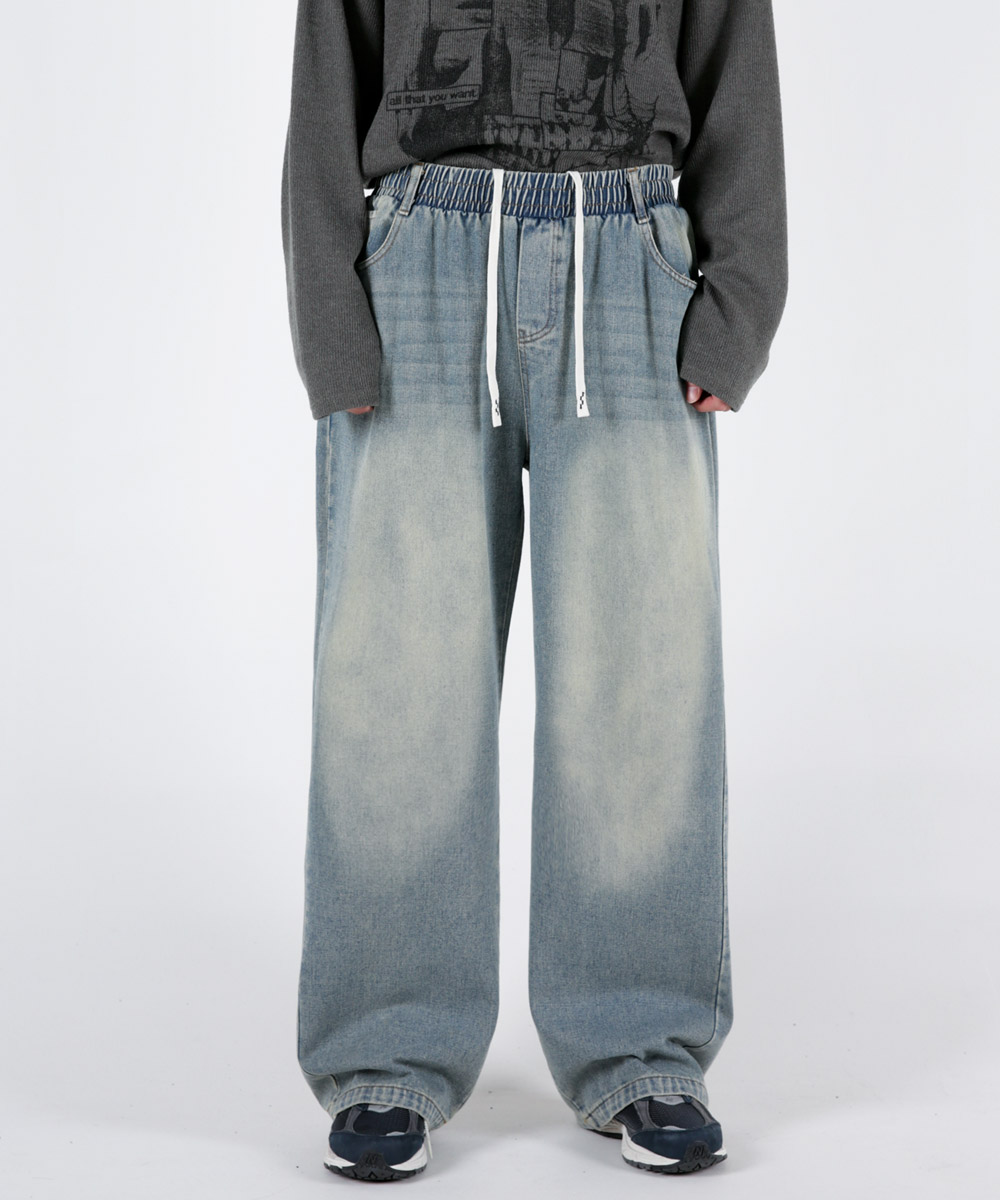 Men side pintuck wide waist band denim pants 3colors