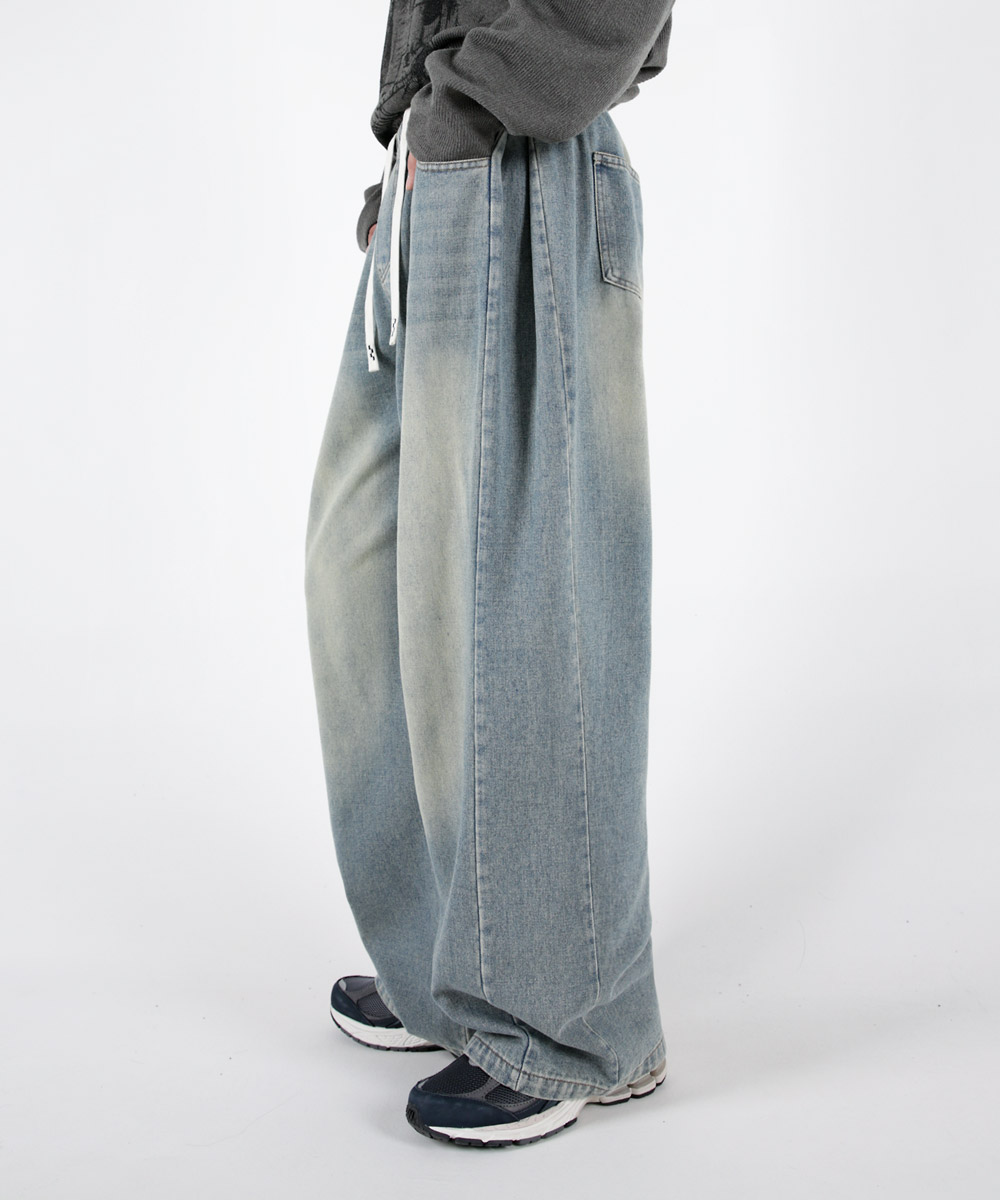 Men side pintuck wide waist band denim pants 3colors
