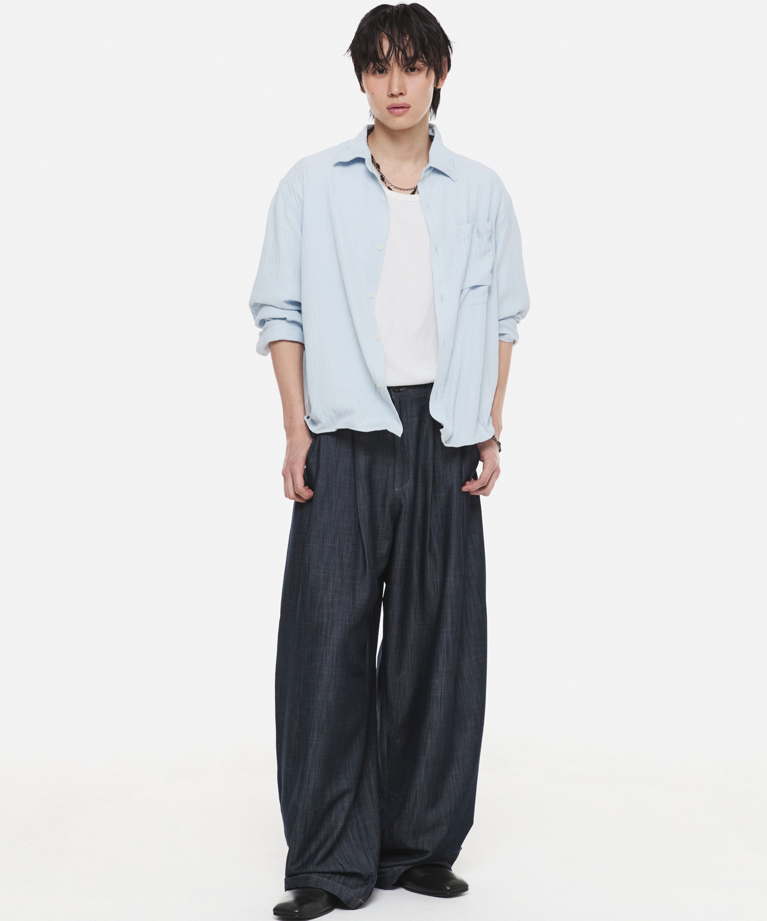 Belted Cruved Slacks Indigo