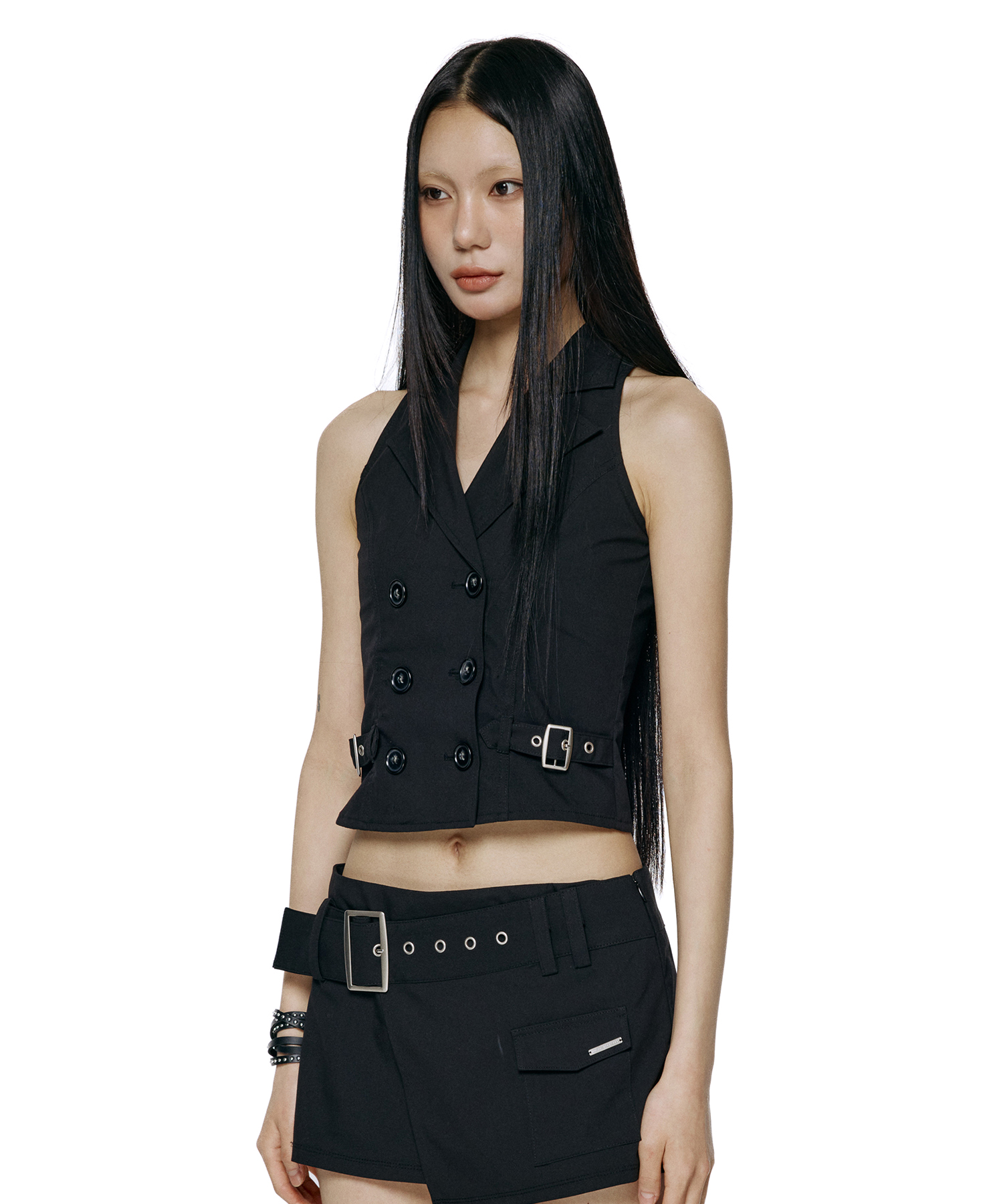 Double Button Halter Vest - Black