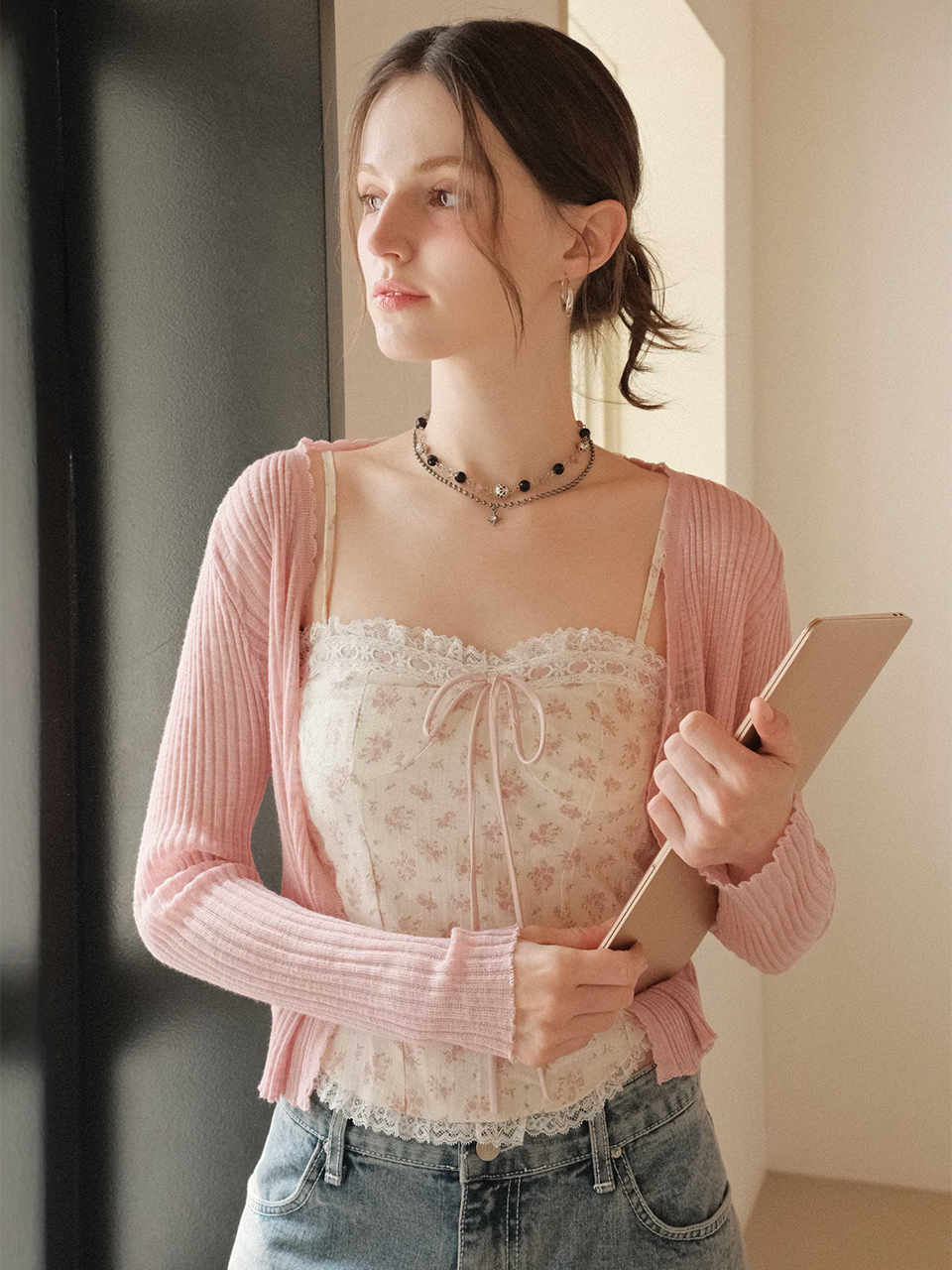 Sheer Knit Floral Cardigan Layered Set 3colors