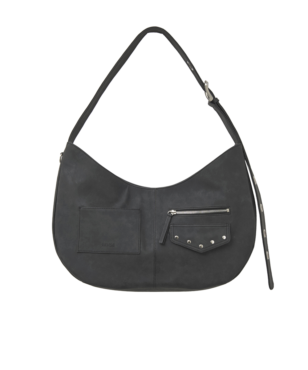 Eyelet washing leather Shoulder Bag Black