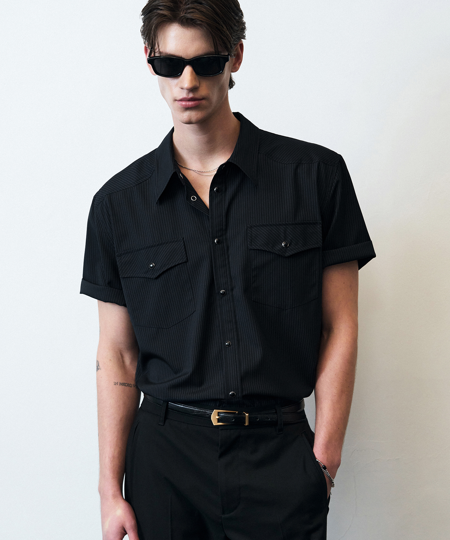 VERONA WESTERN STRIPE HALF SHIRT [NAVY]