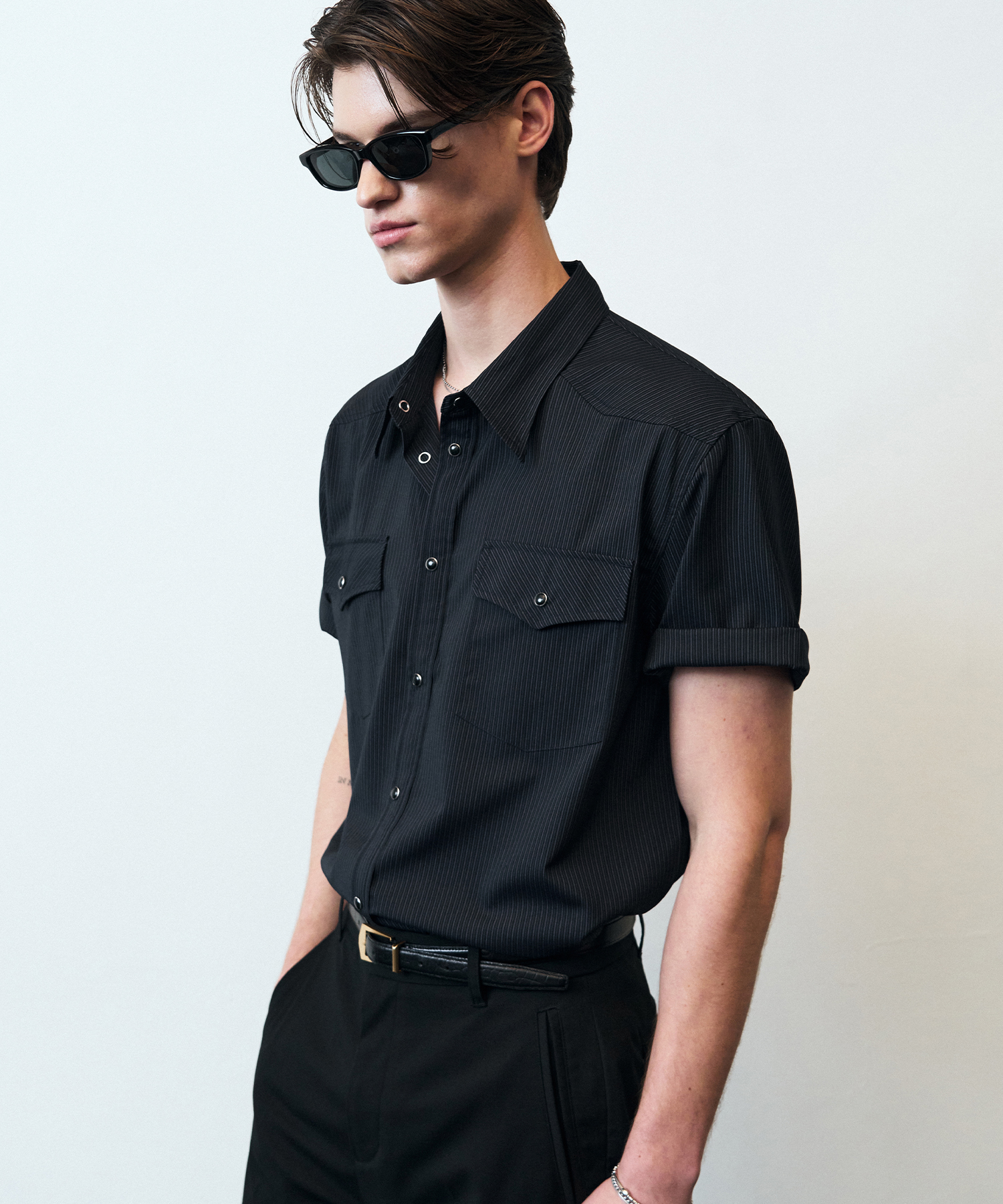 VERONA WESTERN STRIPE HALF SHIRT [NAVY]