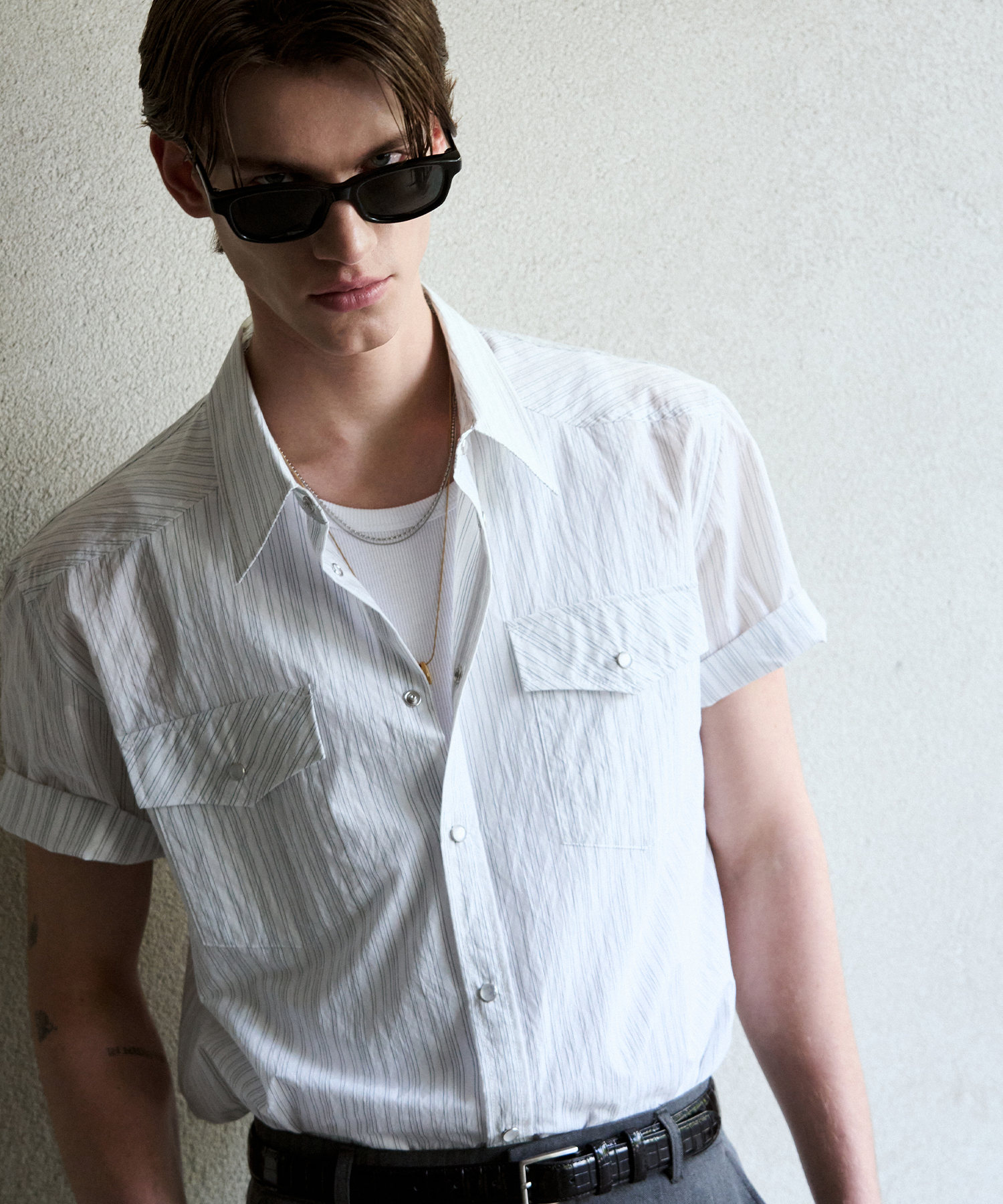 KAFKA WESTERN STRIPE HALF SHIRT [WHITE]