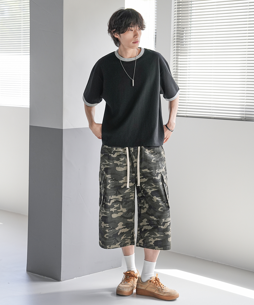 String Band Camo Wide-Length Bermuda Cargo Shorts