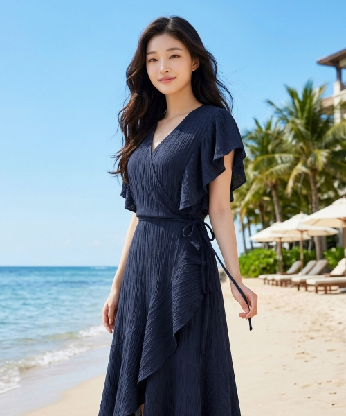 Pleated Frill Wrap Strap Midi Dress HJ200 thumbnail 4