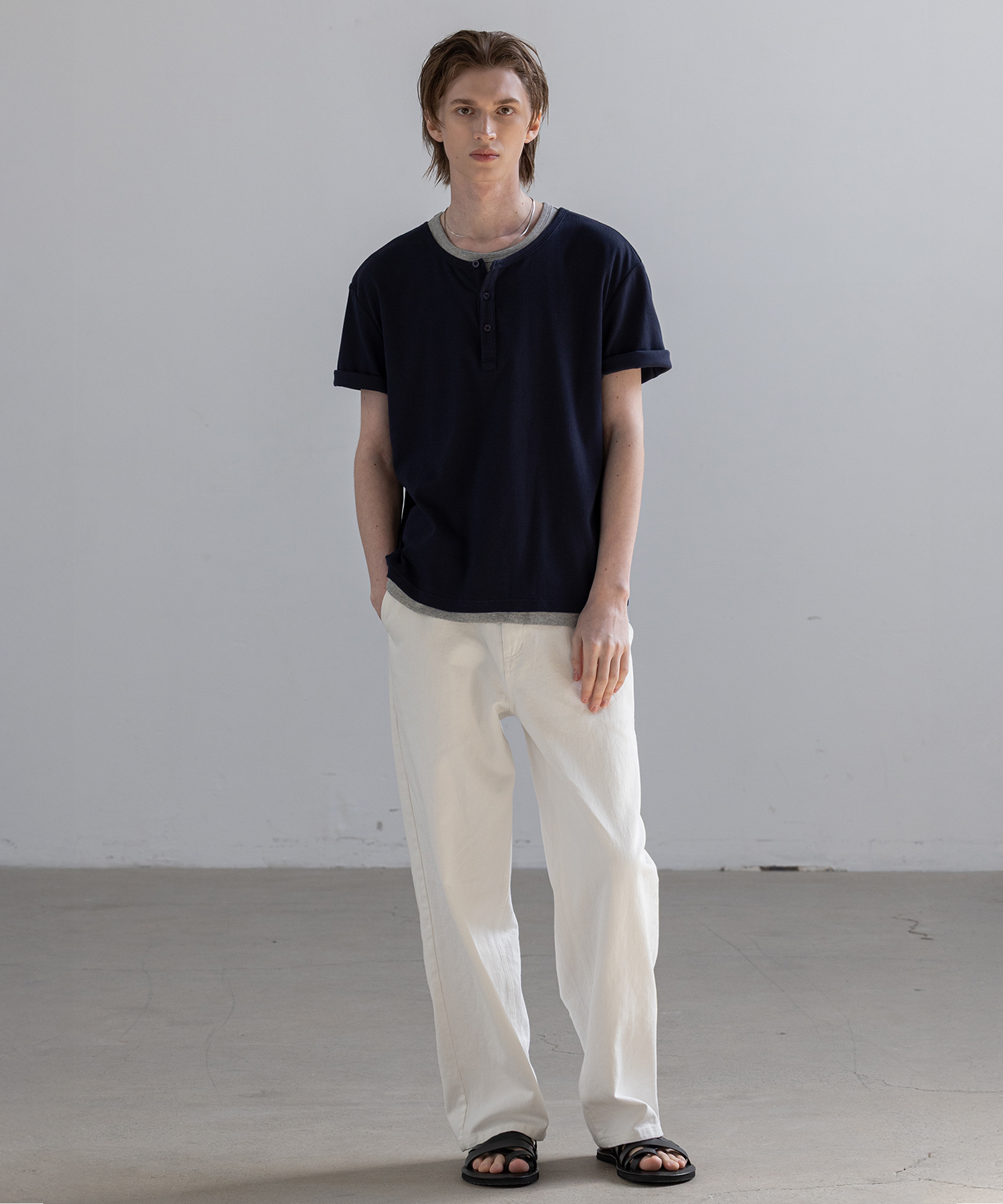 Easy Layered Henley Short Sleeve T-Shirt [Navy]