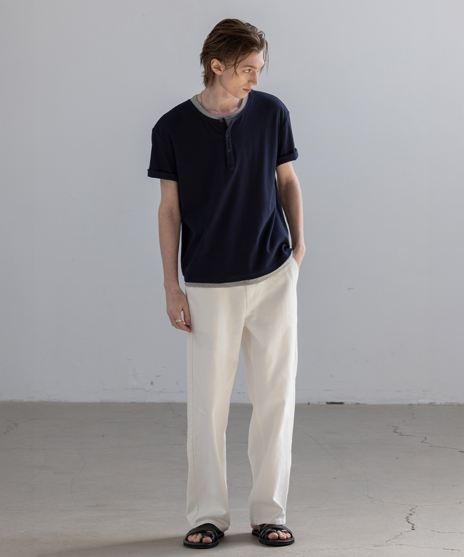 Easy Layered Henley Short Sleeve T-Shirt [Navy]