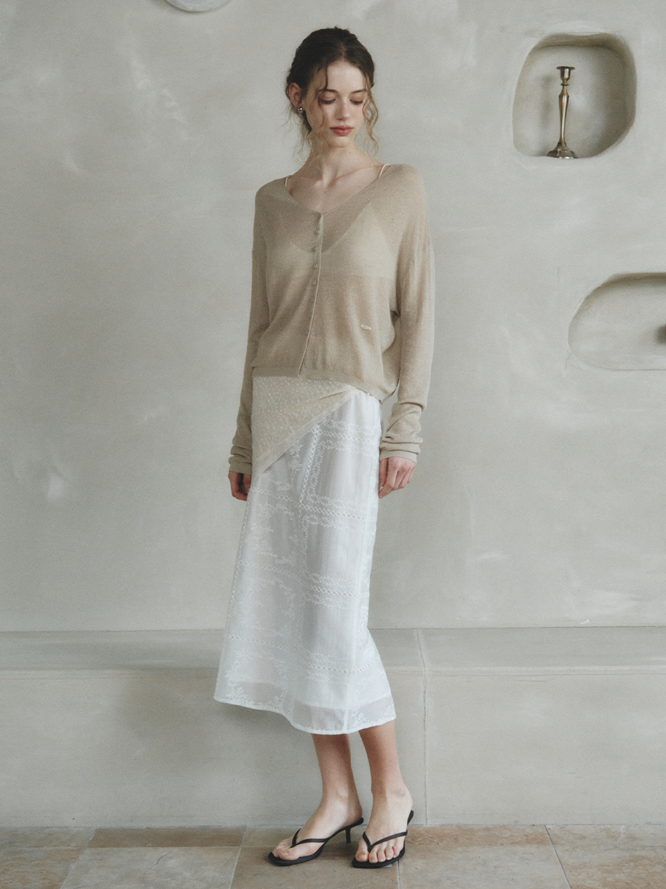 colin linen sheer knit cardigan_khaki