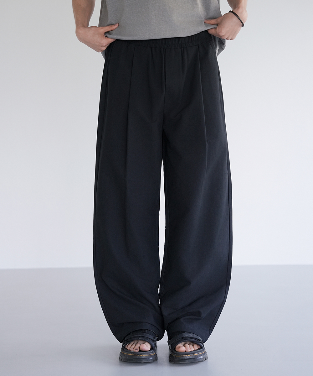 linen-like waist-banding one pintuck wide pants 2 colors