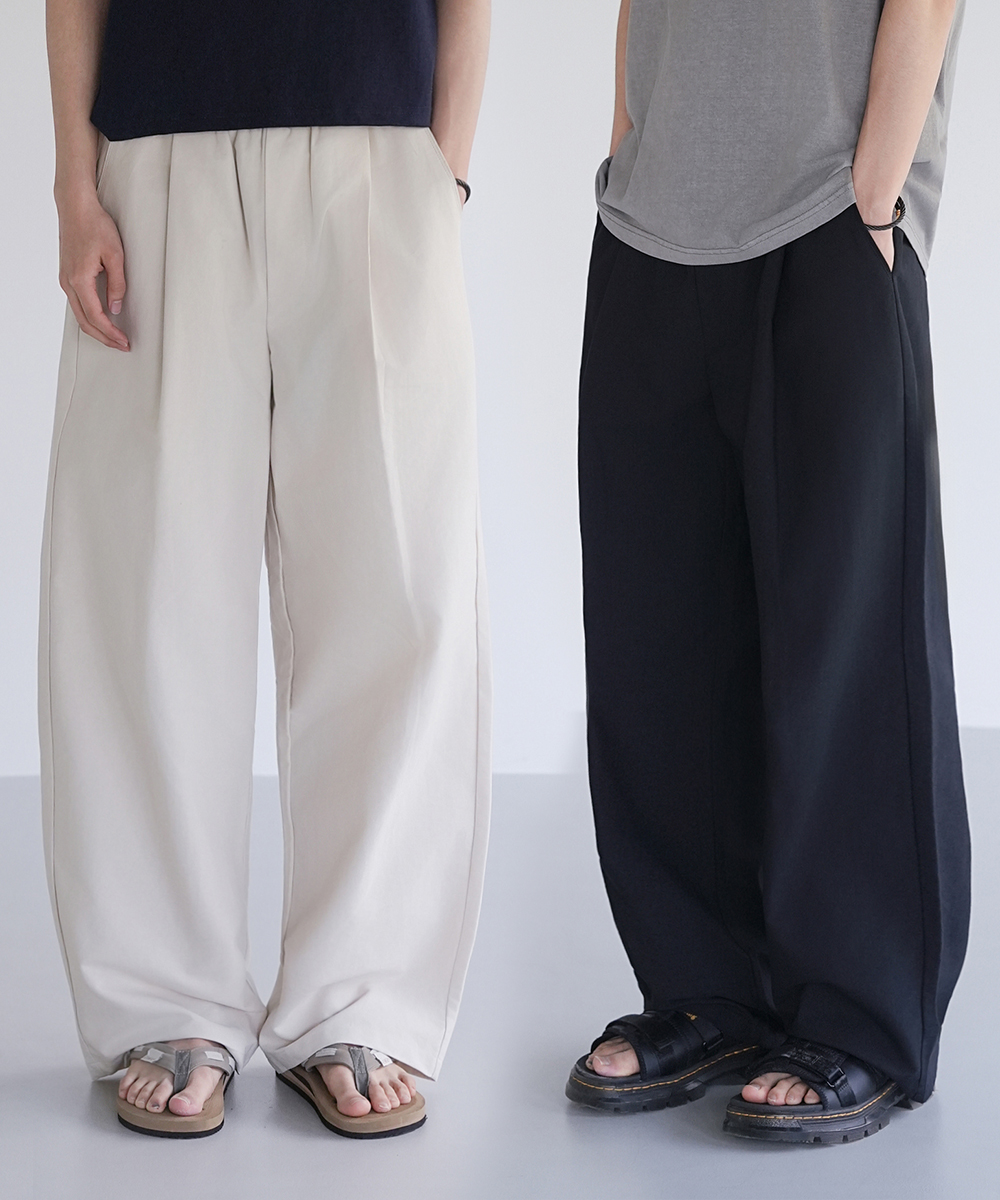 linen-like waist-banding one pintuck wide pants 2 colors