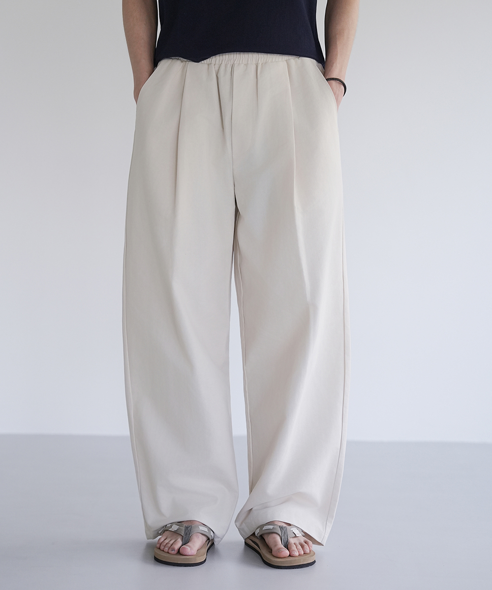 linen-like waist-banding one pintuck wide pants 2 colors