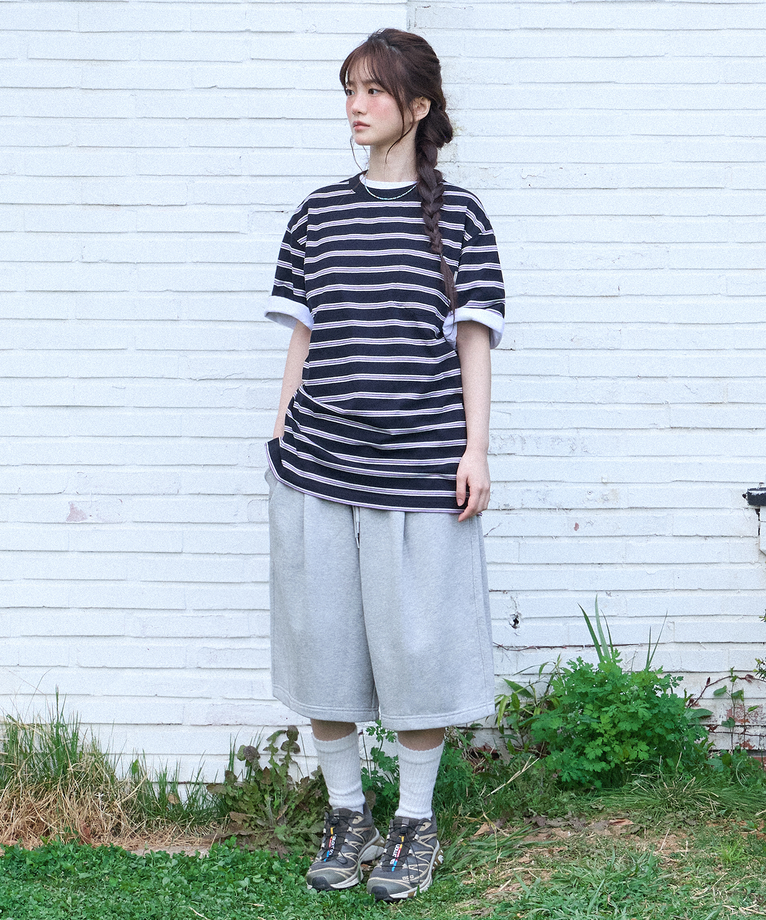 Side tuck bermuda sweat shorts-melange grey