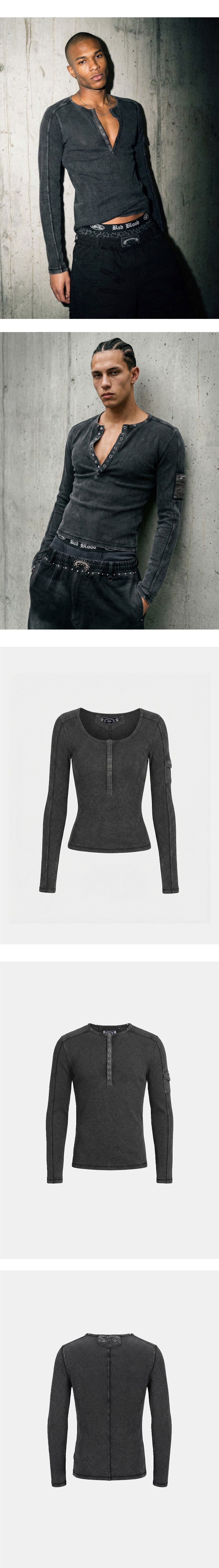 MUSINSA | BADBLOOD Viper Cotton Rib Henley Neck Long Sleeve - Black