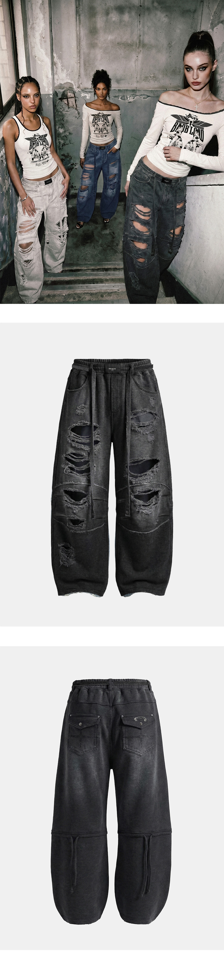 배드블러드(BADBLOOD) Destroyed Raw-Edge Joggers - Denim Black